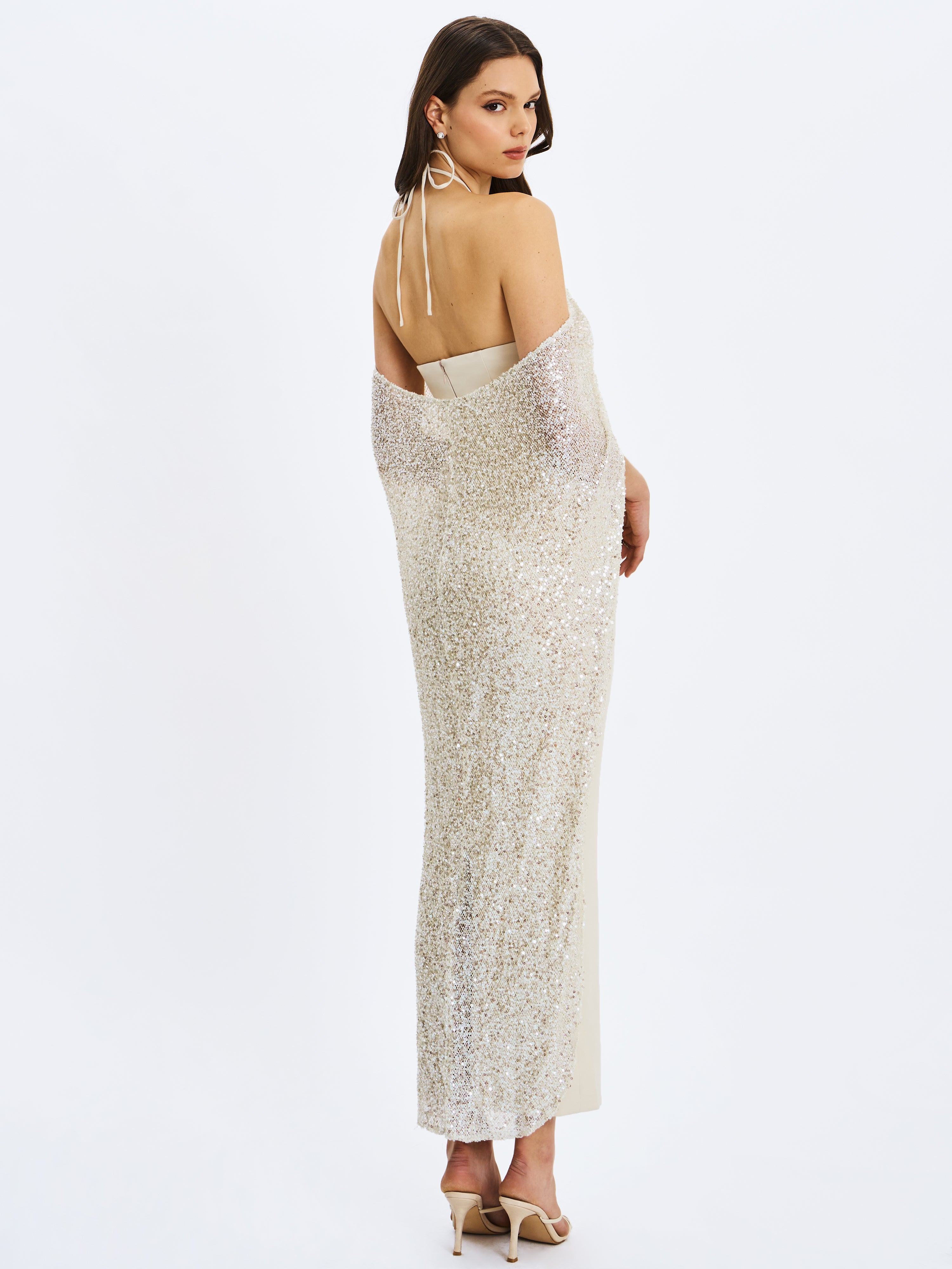 Quimera Almond Beaded Cape Halter Off-Shoulder Maxi Gown
