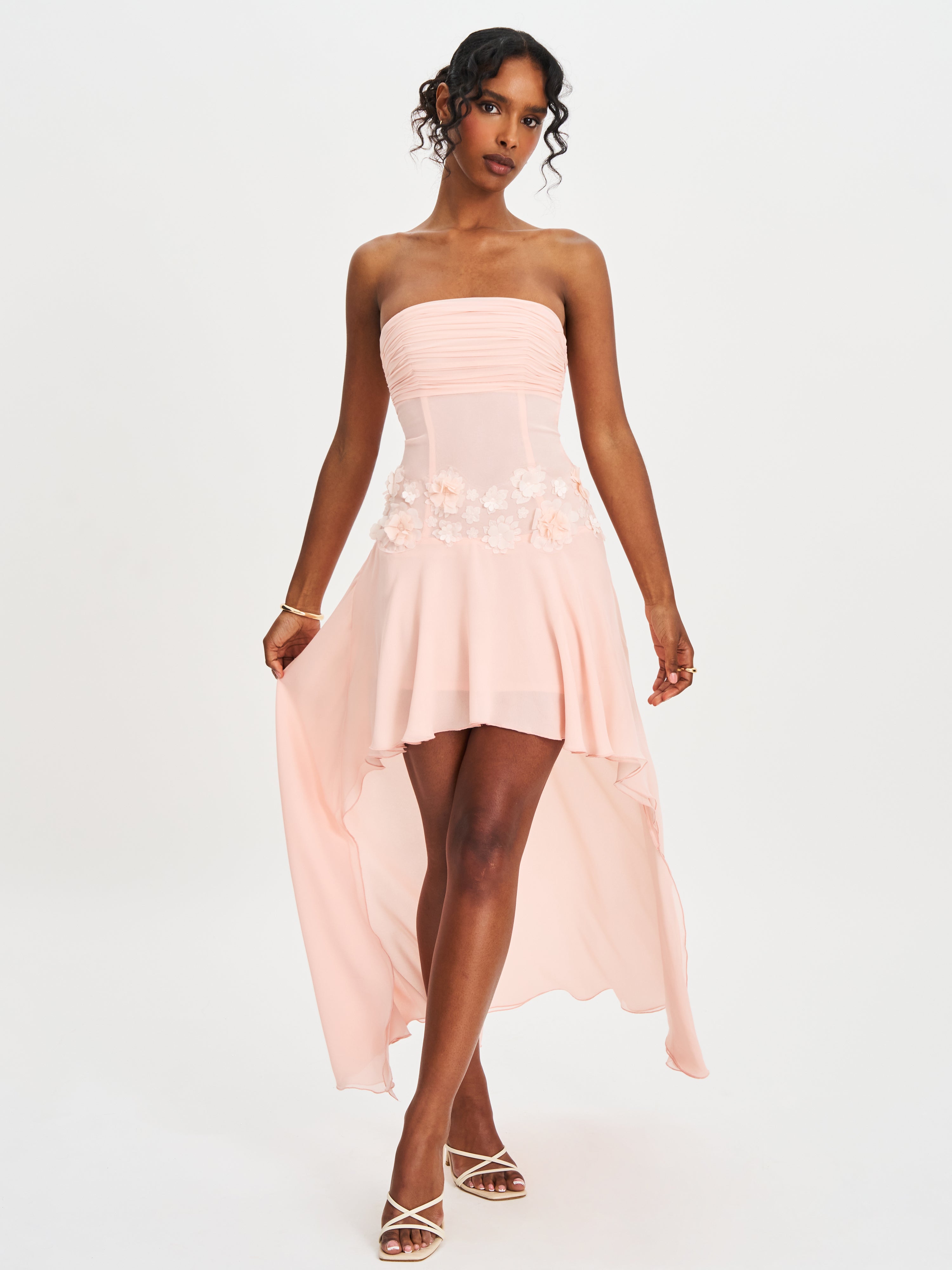 Mae Pink Ruched Breast Appliqué Trim Trailing Dress