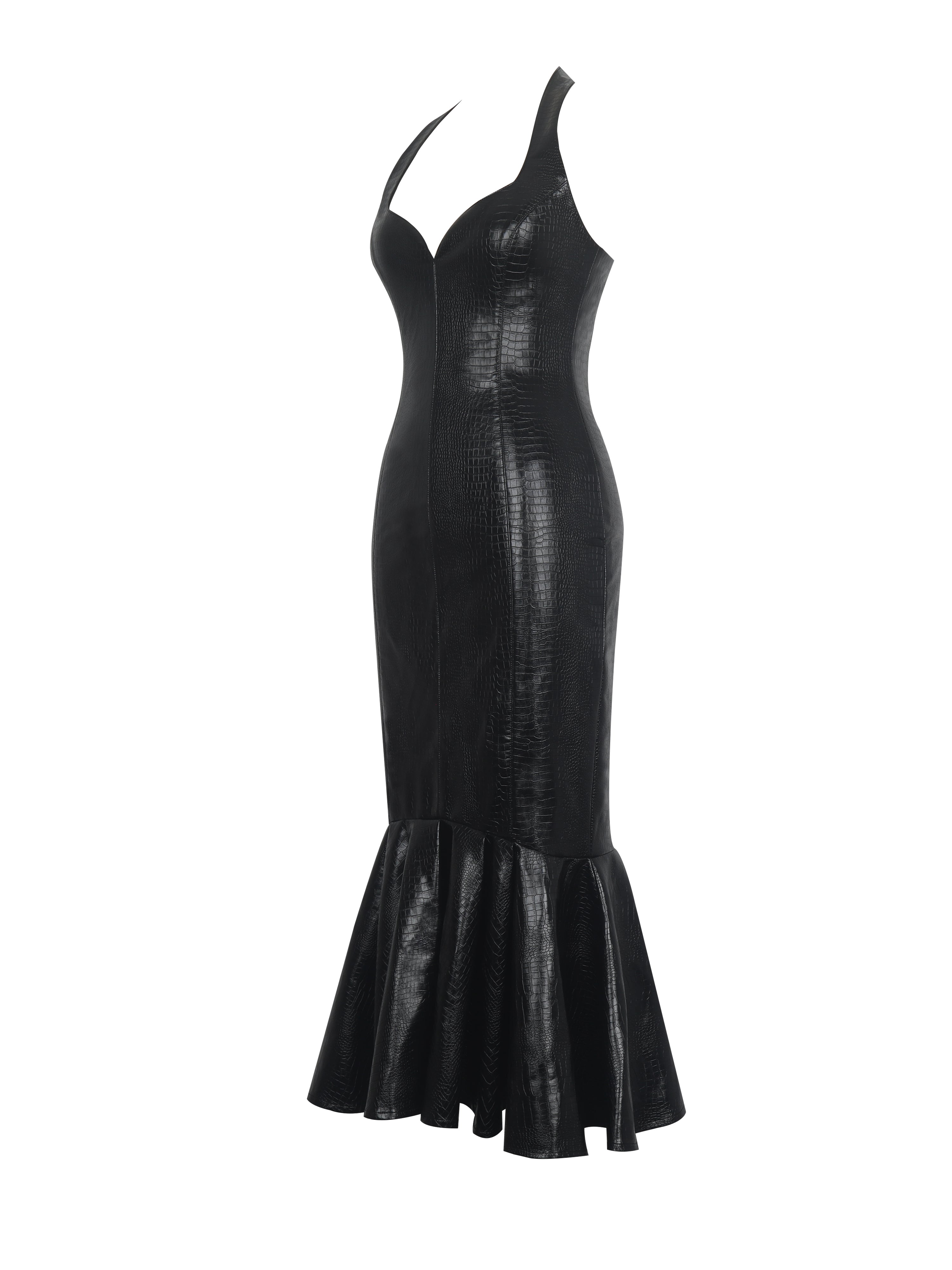 Gardenia Black Leather Midi Sweetheart Halter Flared Dress