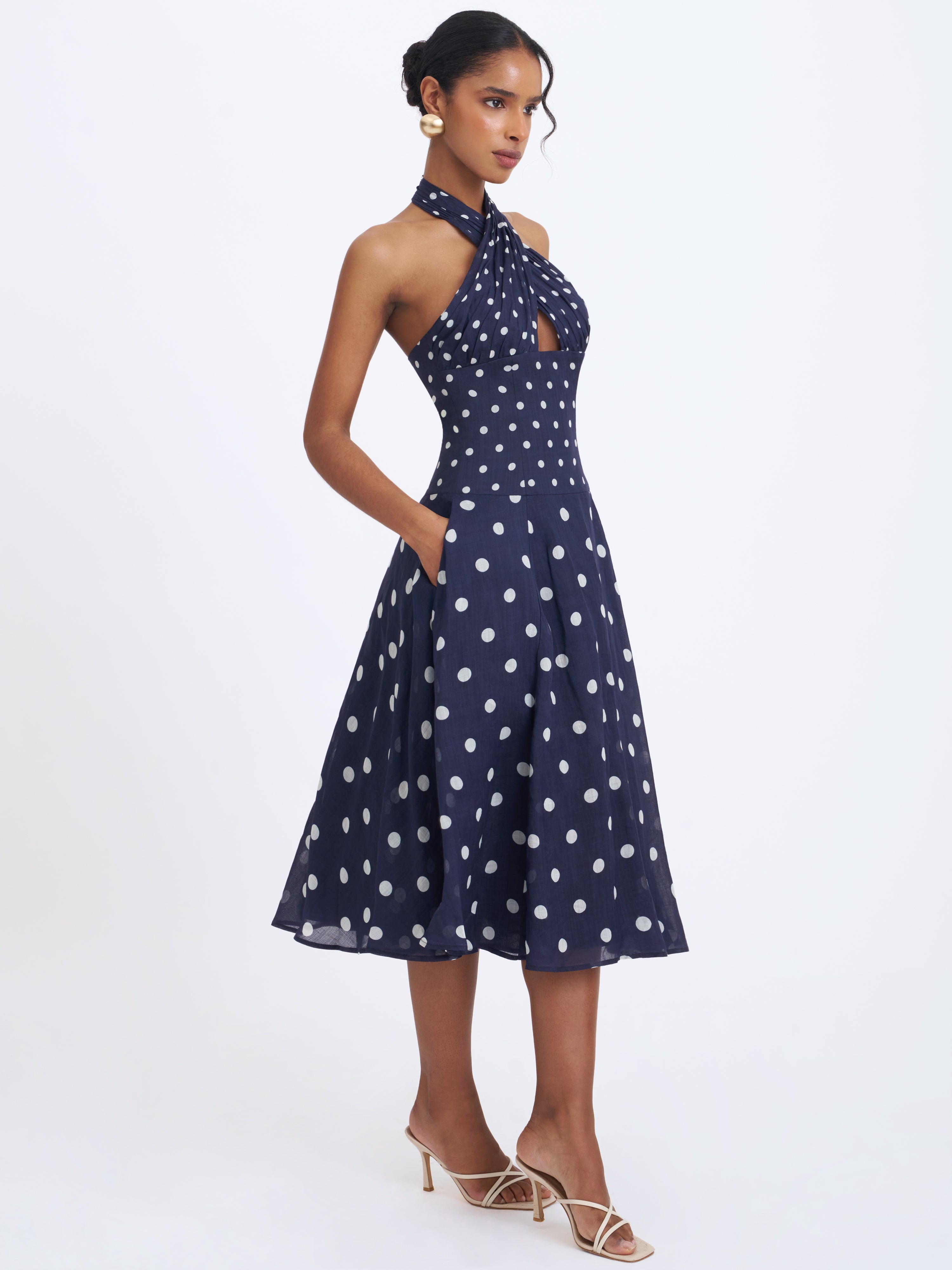 Nuri Navy Polka Dot Ramie Crossover Halter A-Line Midi Dress