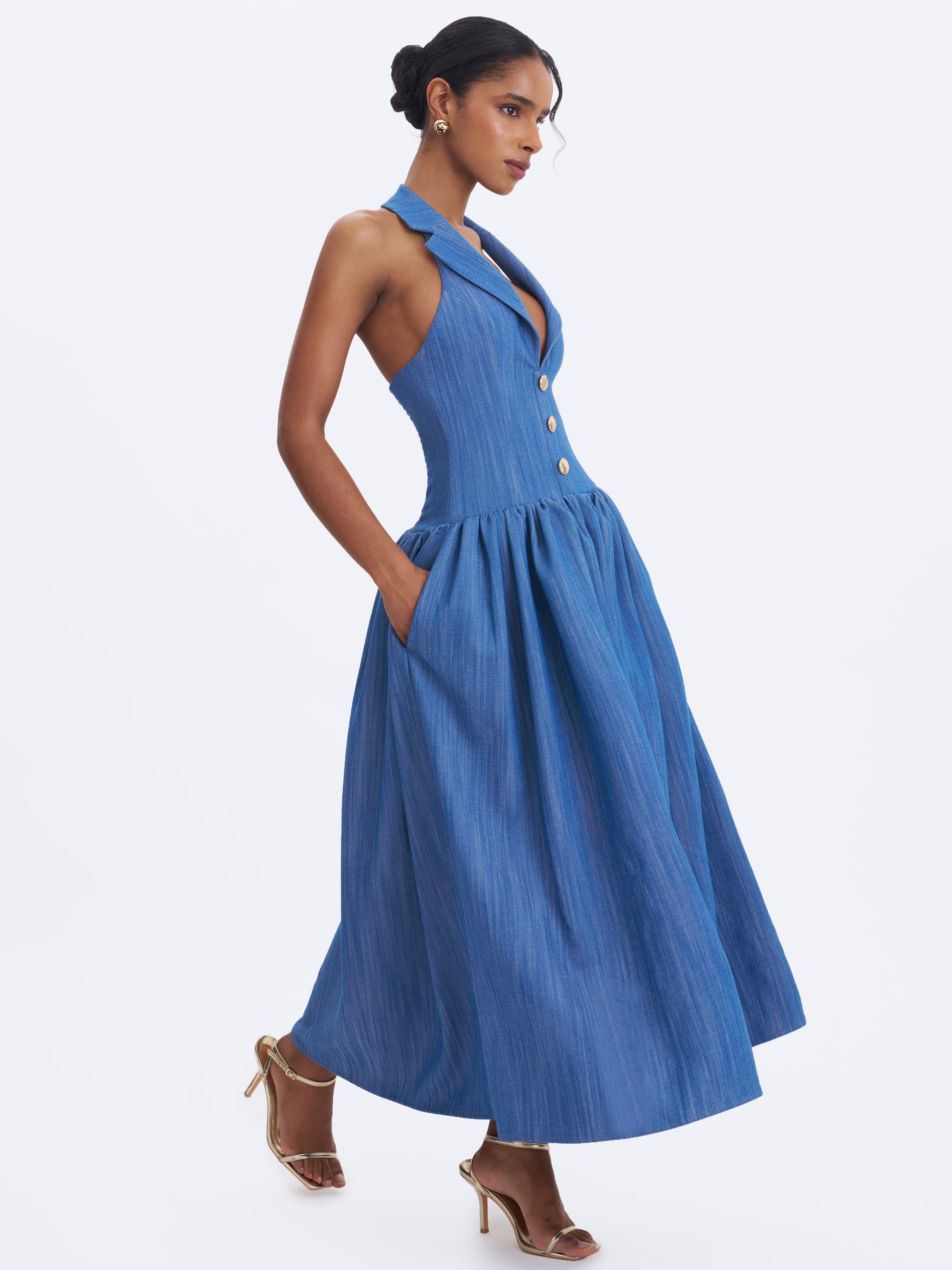 Xyan Navy Denim Lapel Halter A-Line Midi Dress
