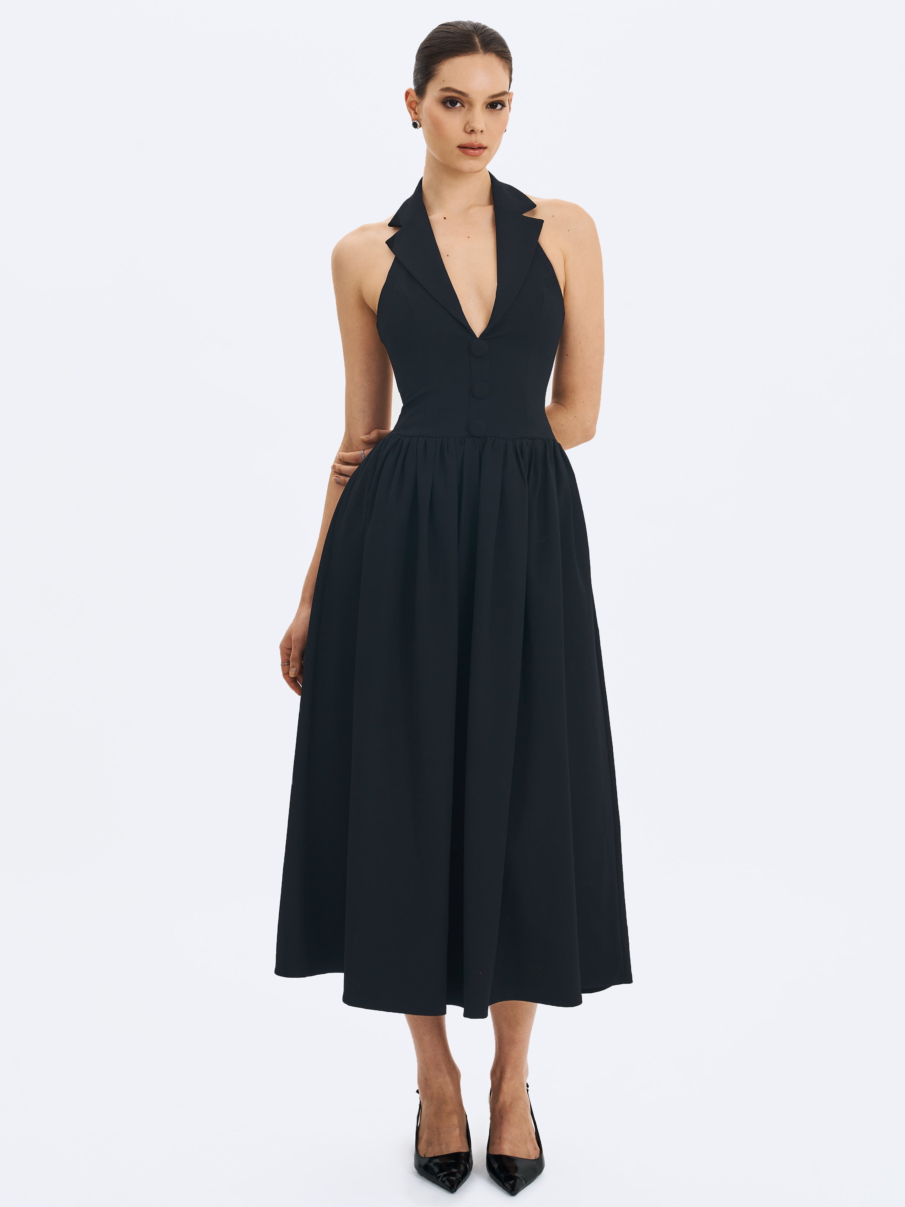 Delaney Black Lapel Halter Midi A-Line Dress