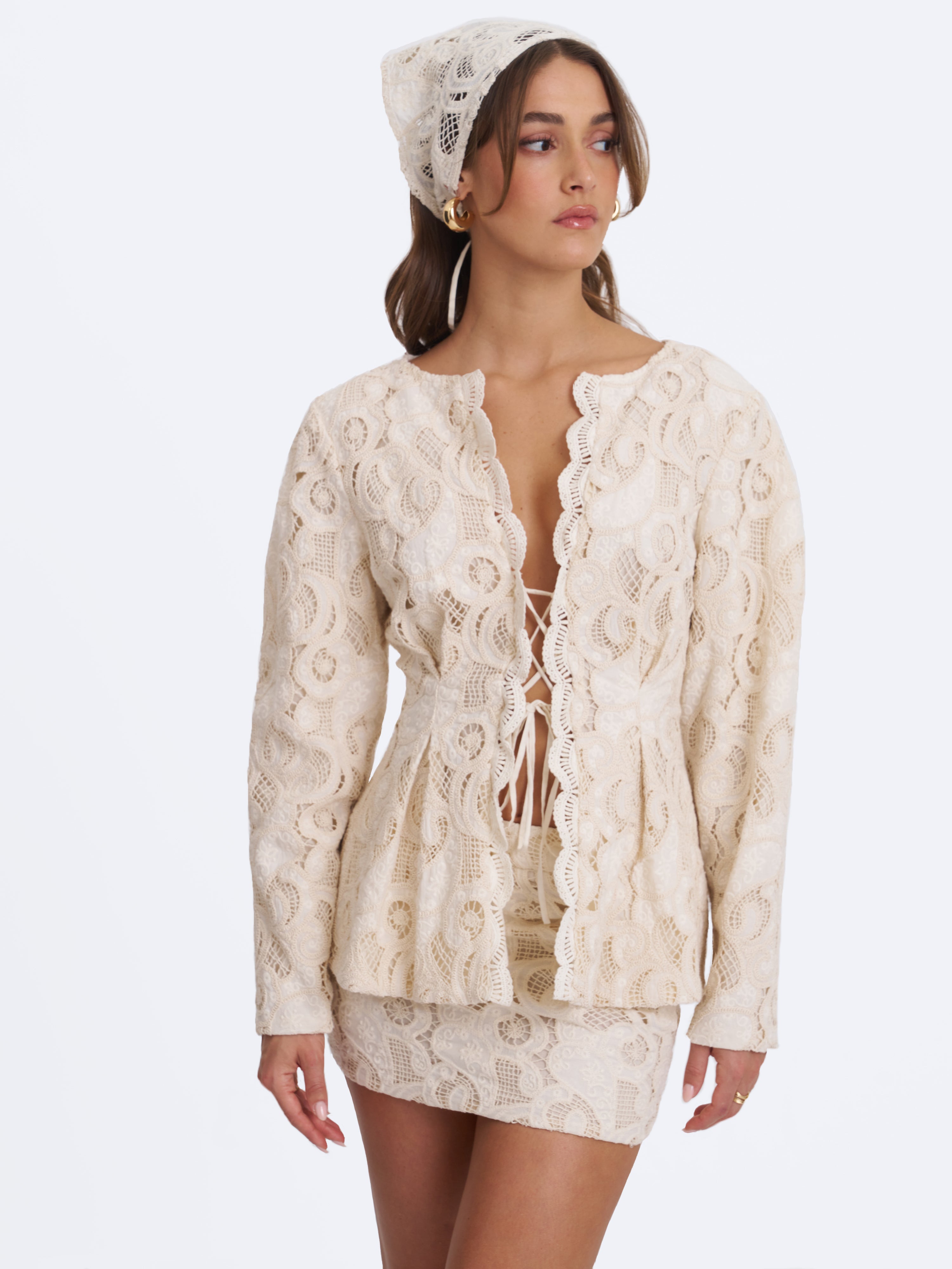 Janie Beige Cotton Lace Triangle Head Scarf