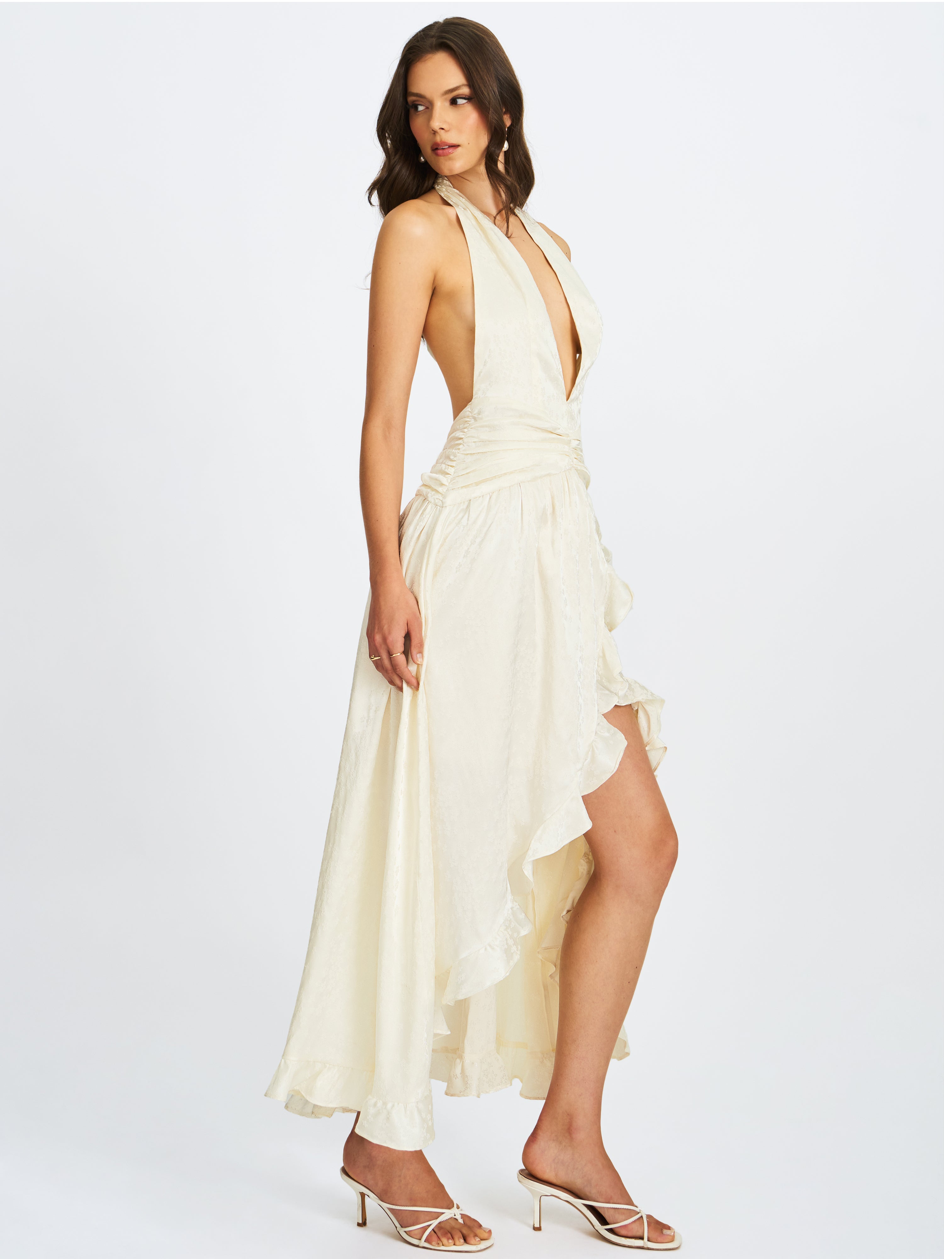 Nalani Floral Ivory Ruffled Halter Maxi Dress