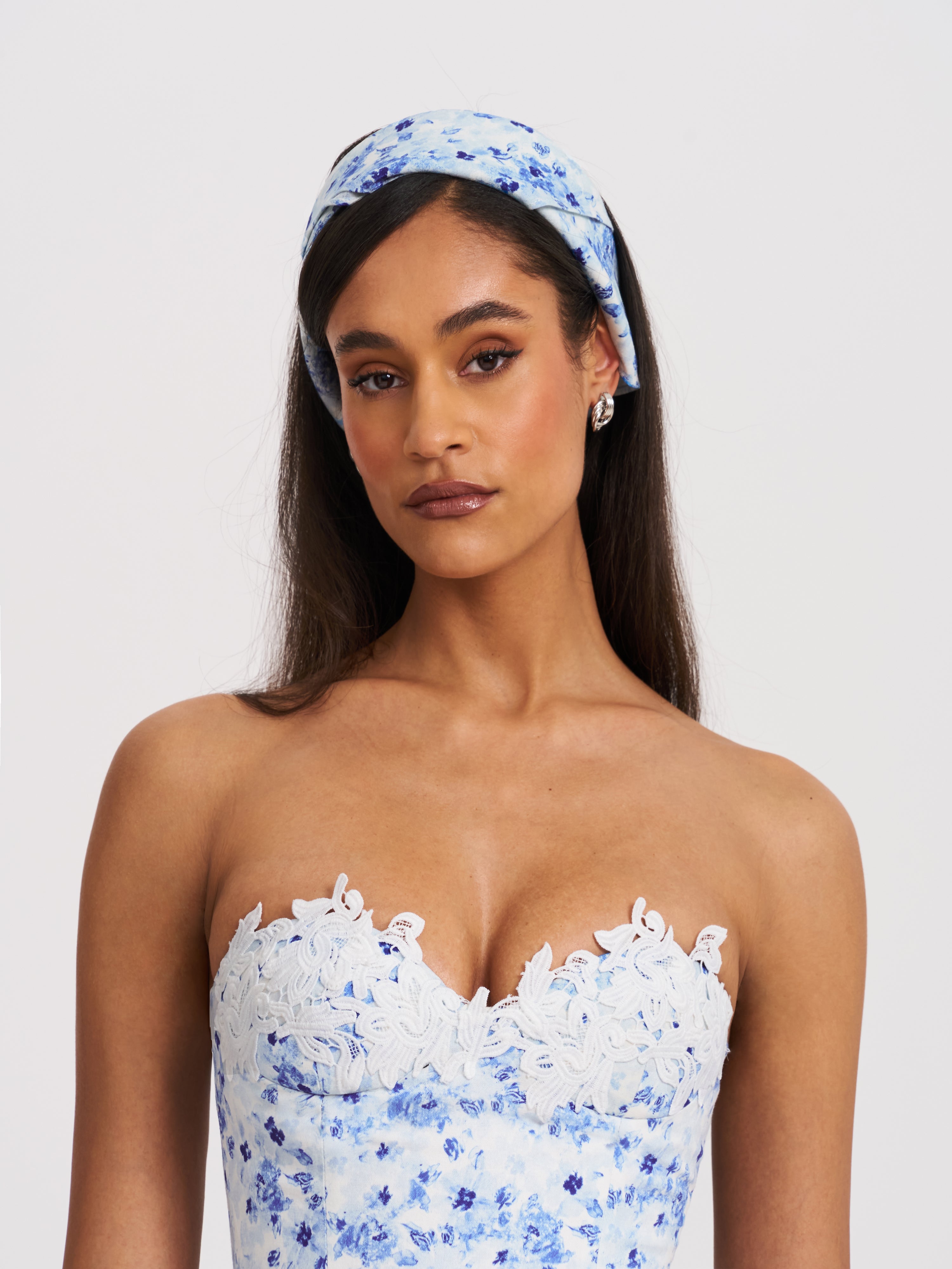 Taleah Blue Floral Print Linen Mini Dress with Lace Trim