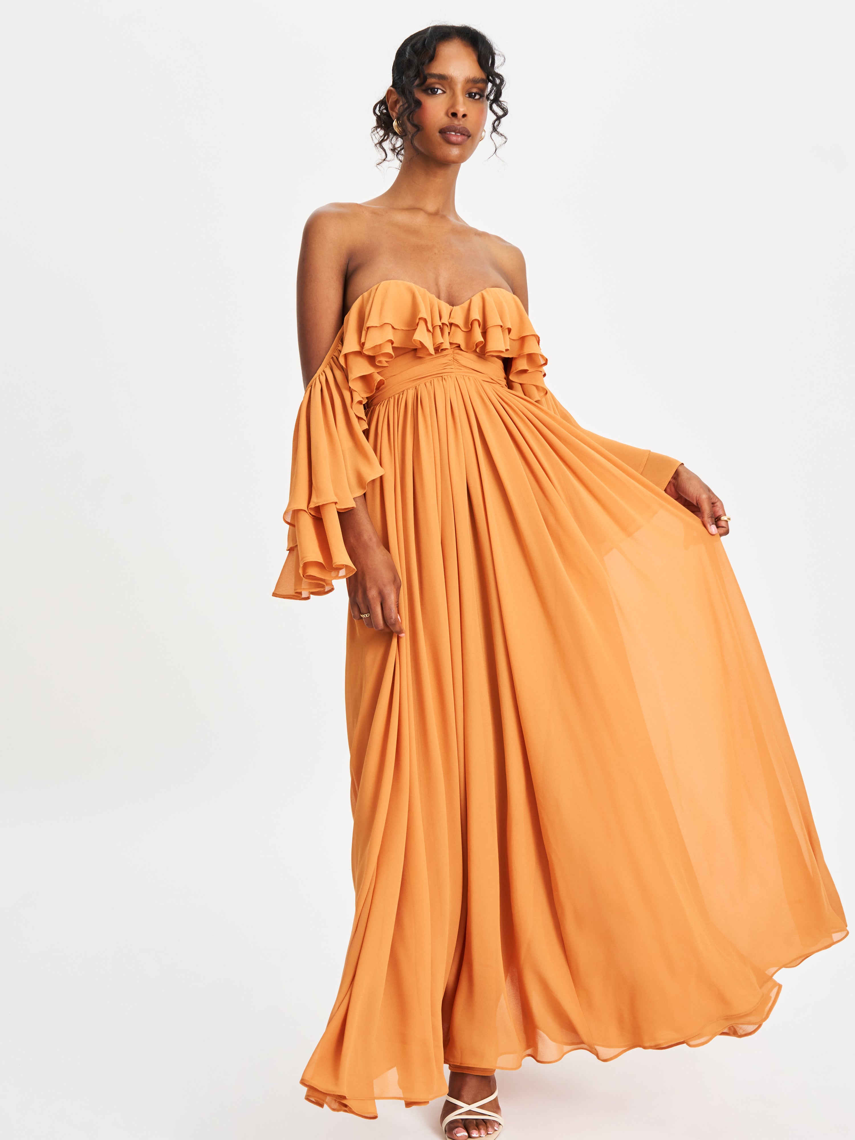 Kaela Brickwork Off Shoulder Chiffon Maxi Dress