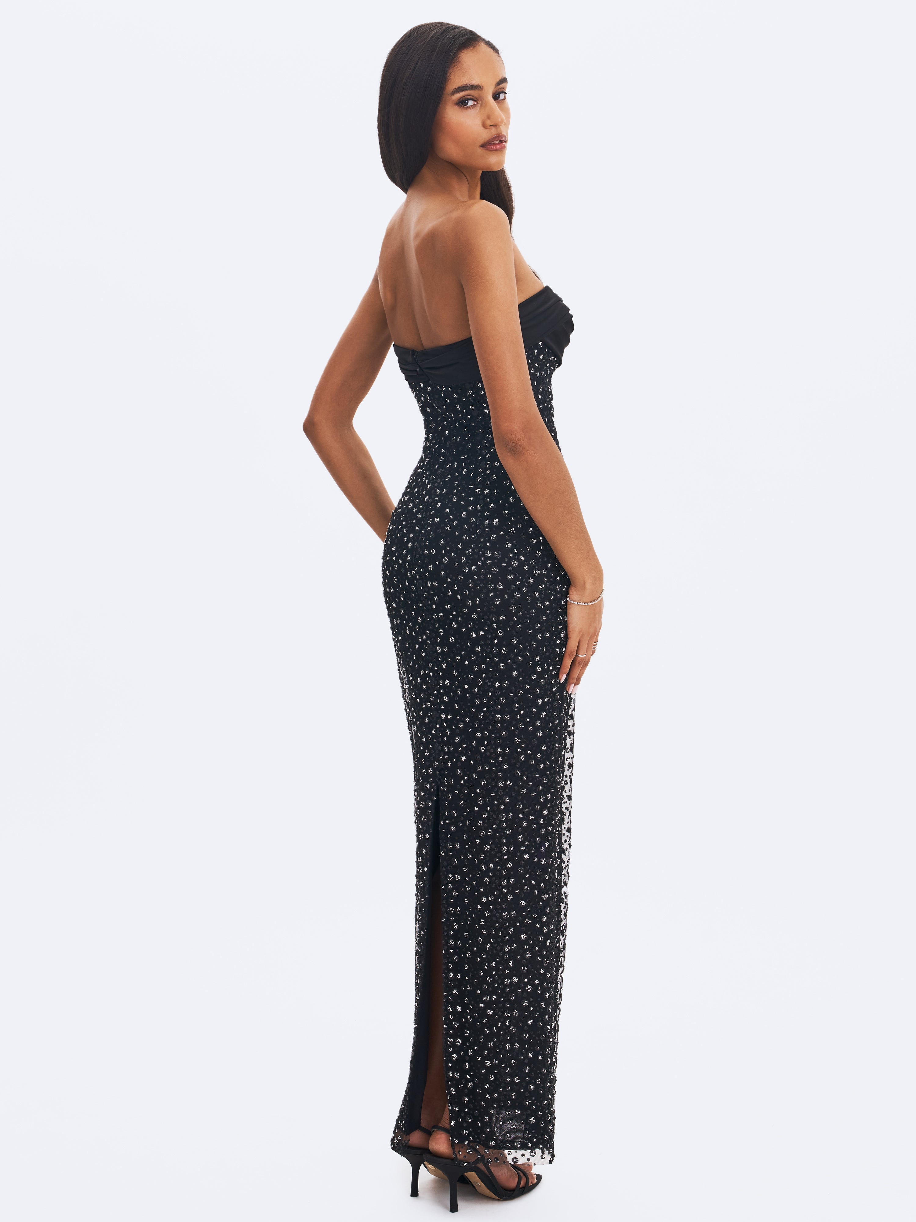 Preslie Black Satin & Crystal Mesh Sheath Maxi Dress