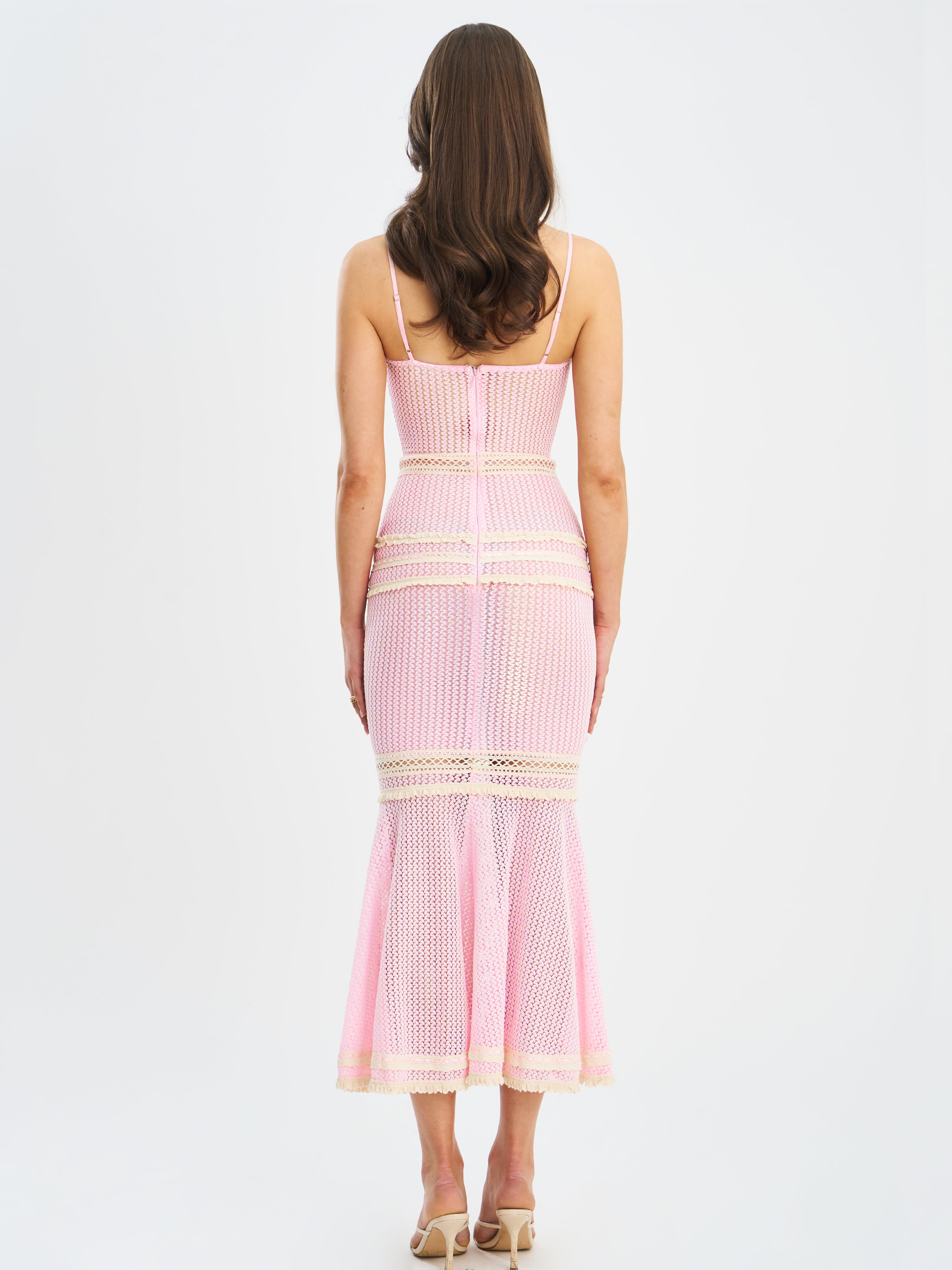 Pallas Pink Lace Trim Crochet Mermaid Maxi Dress