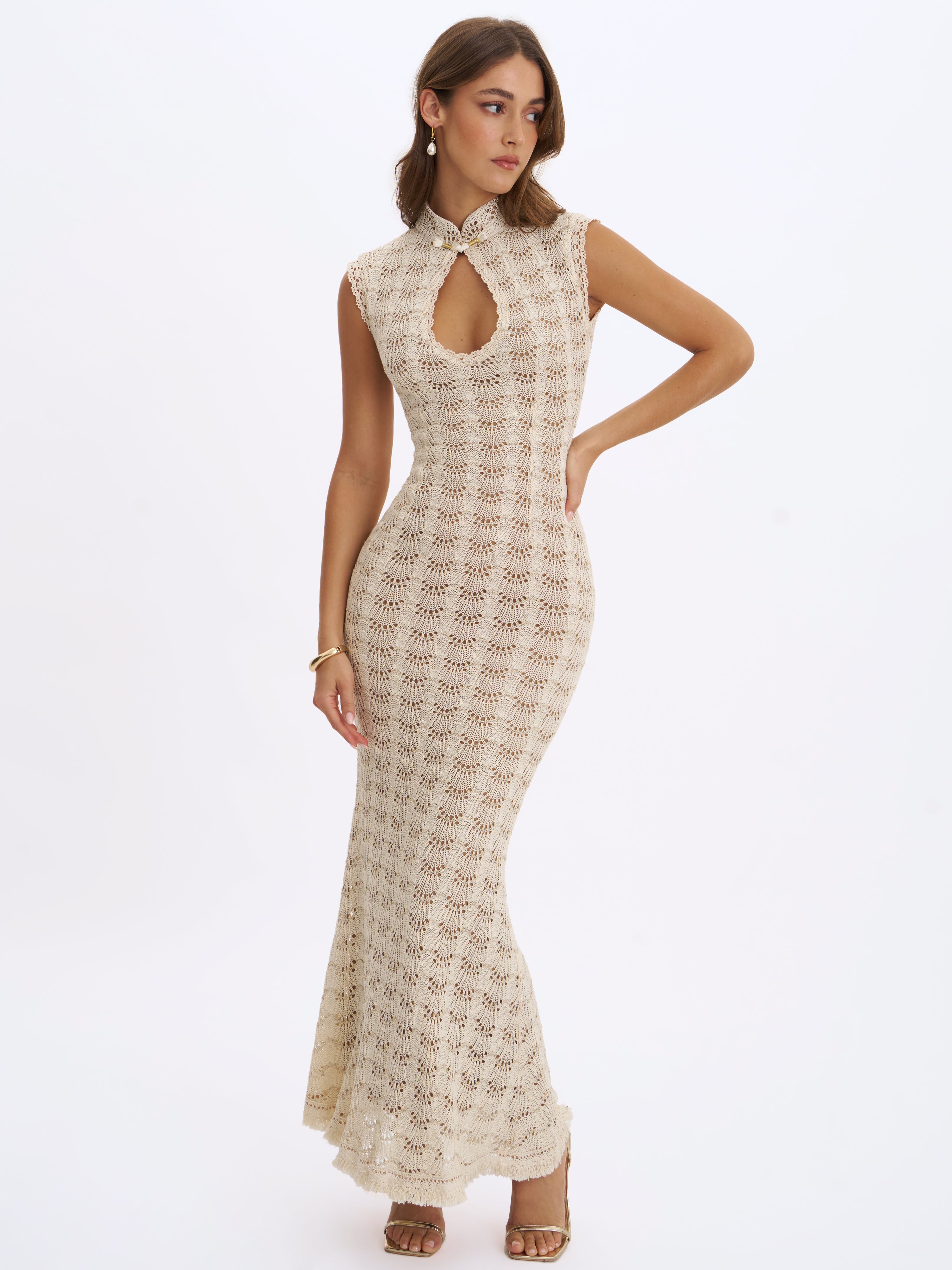 Xylona Beige & Gold Crochet Teardrop Neckline Mermaid Maxi Dress