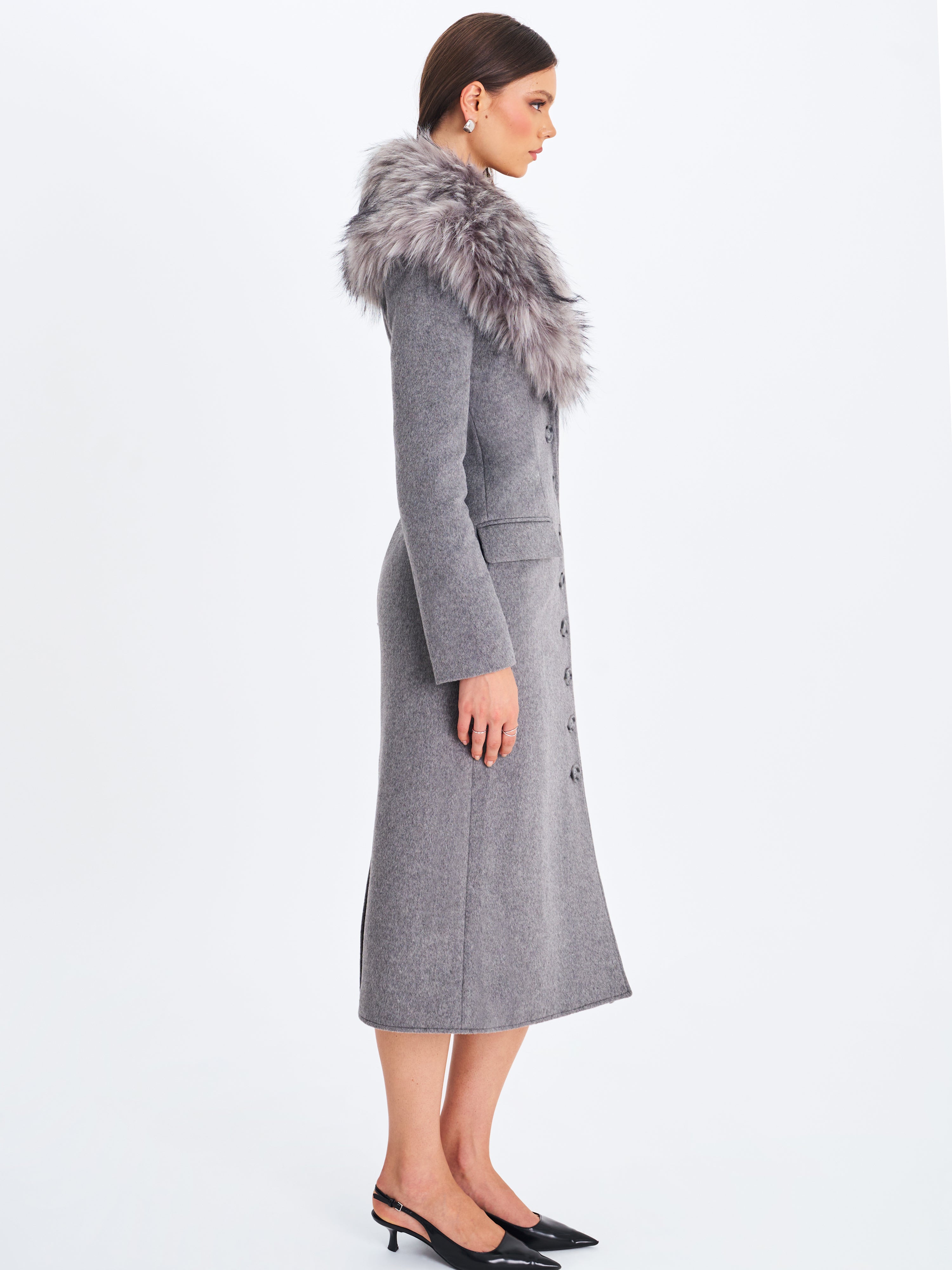 Faye Grey Wool Blend Single-Breasted Coat with Removable Faux Fur Collar