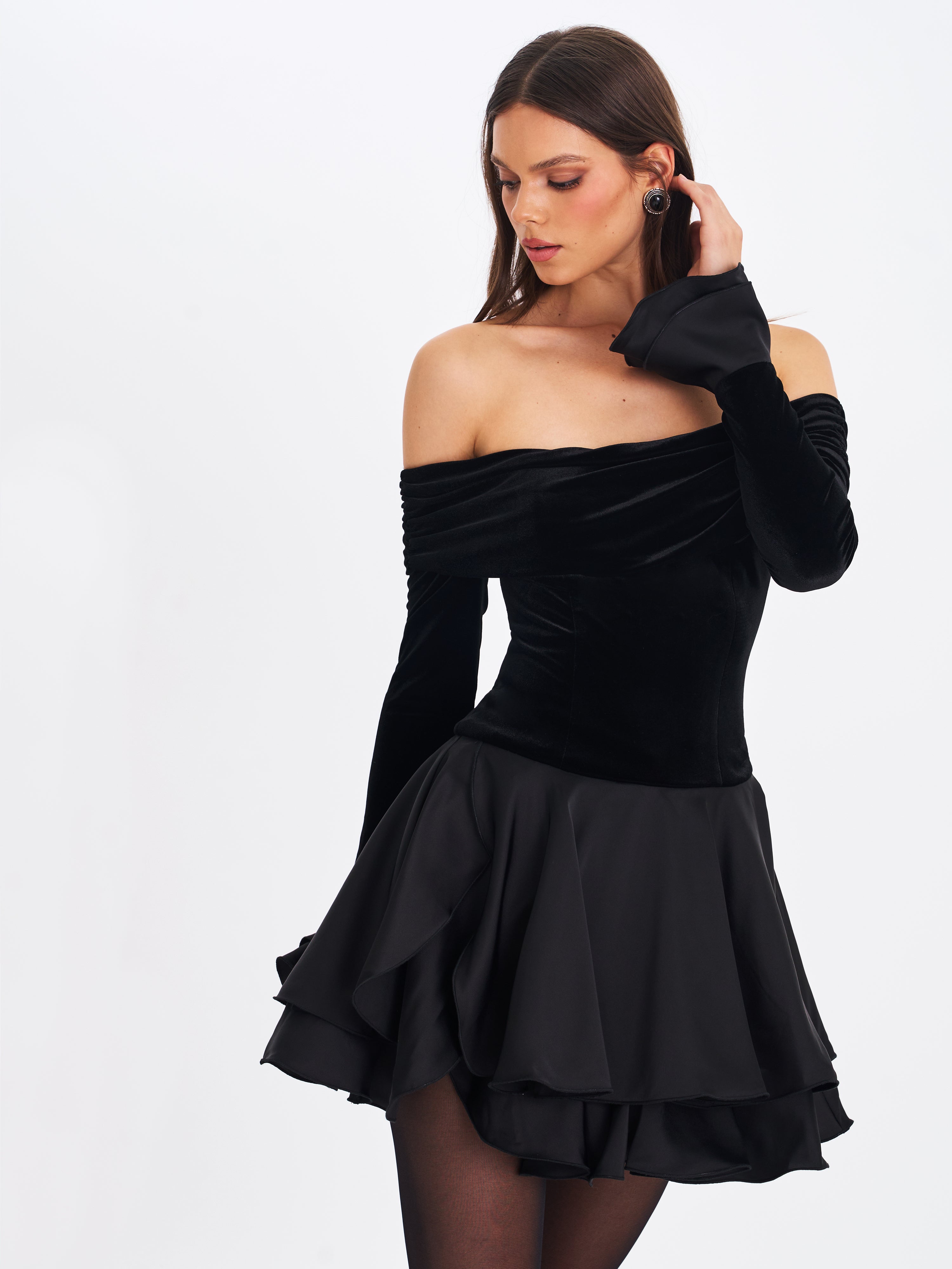 Magnolia Black Off-Shoulder Layered Satin Mini Dress