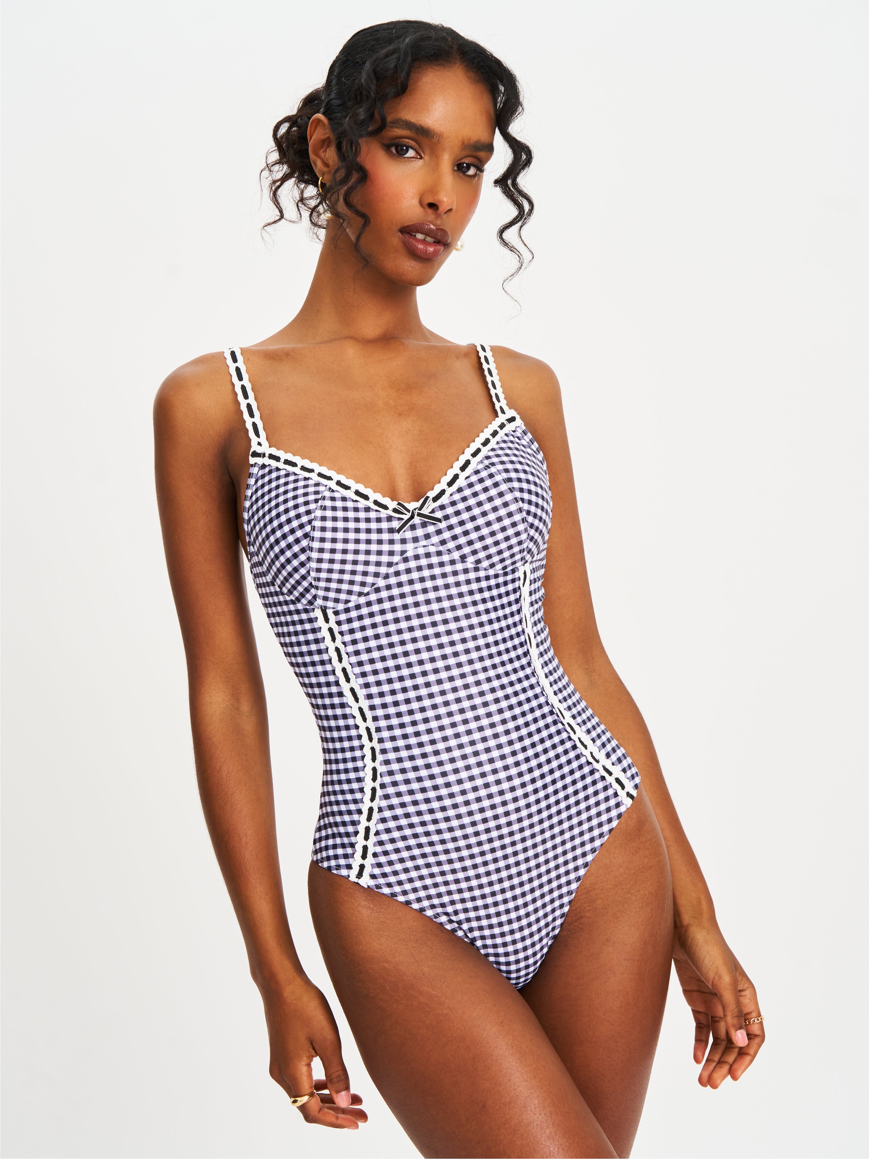 Gigi Black Gingham Lace Strap Backless Swimsuit