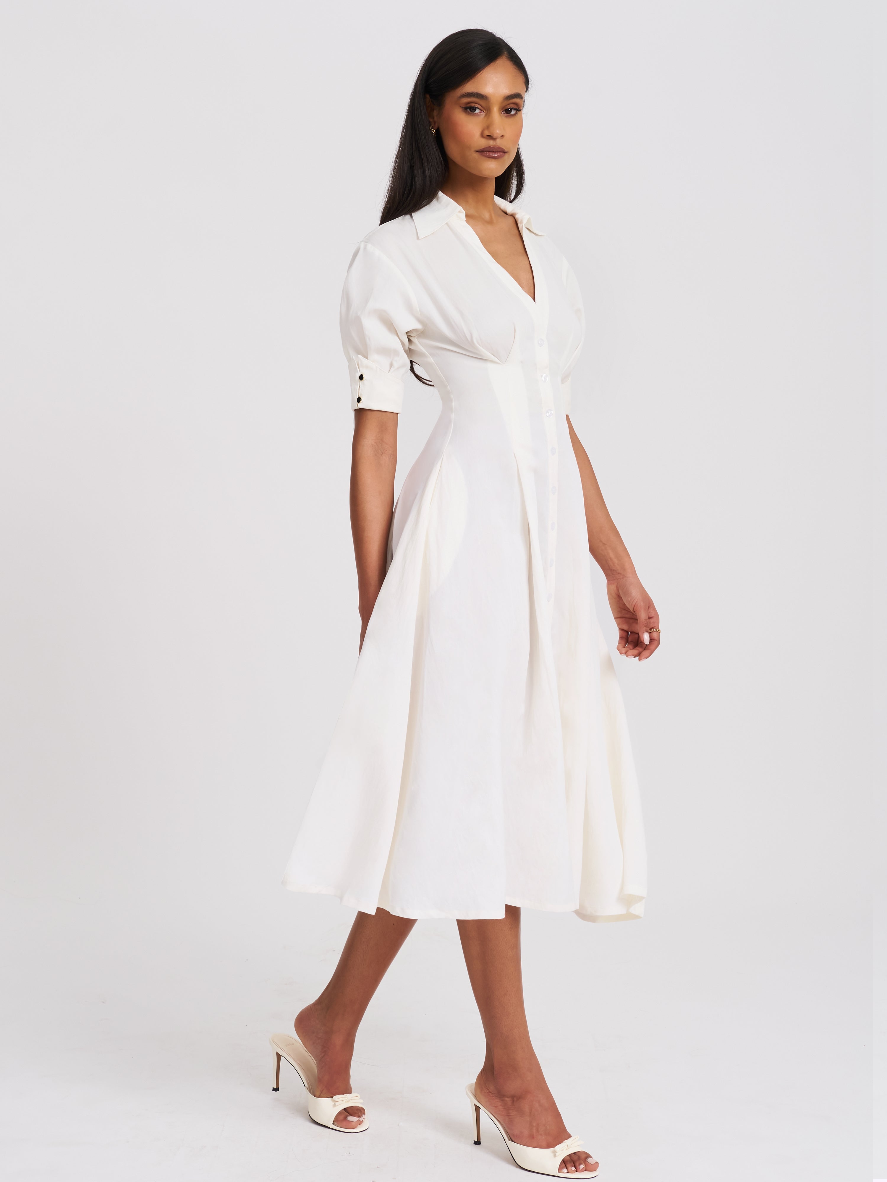 Palina Lyocell Pleated Midi Preppy Shirt Dress