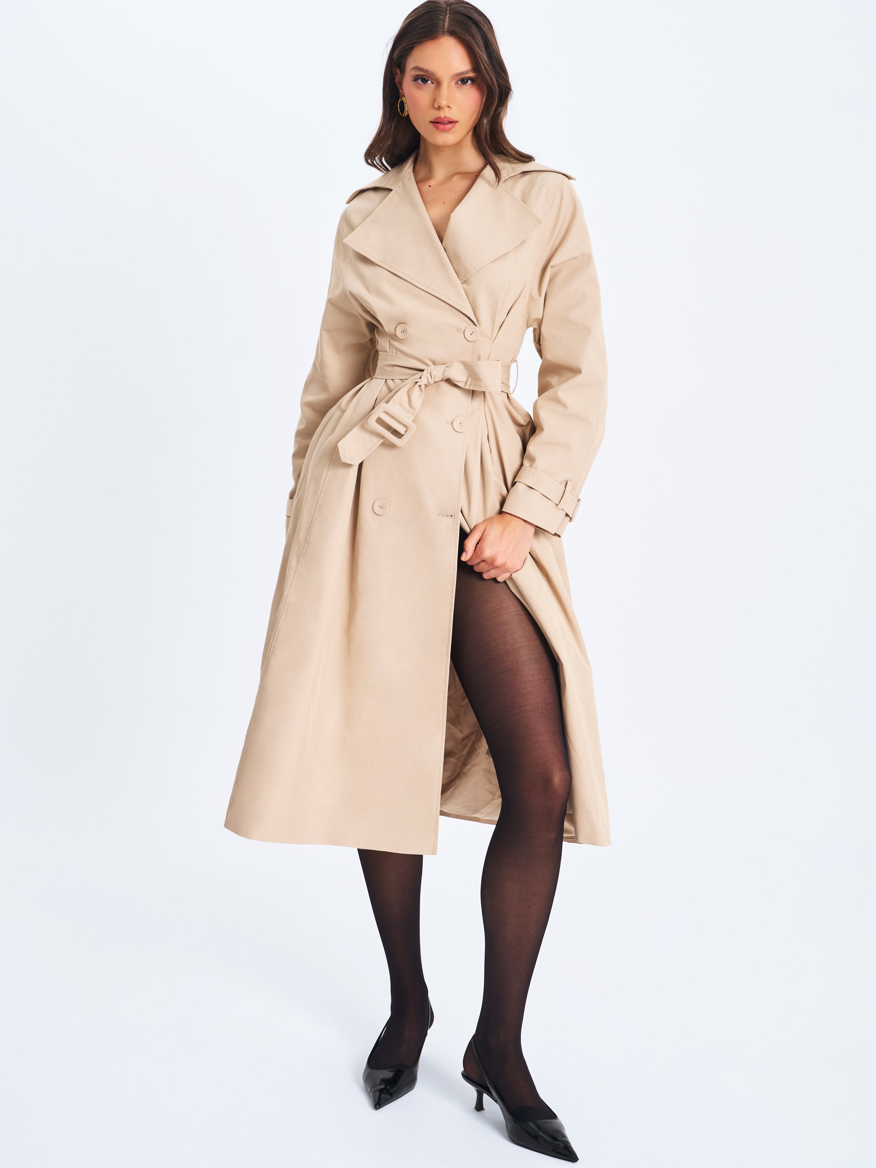 Ulila Beige Double-Breasted Pleated Cotton-Blend Trench Coat