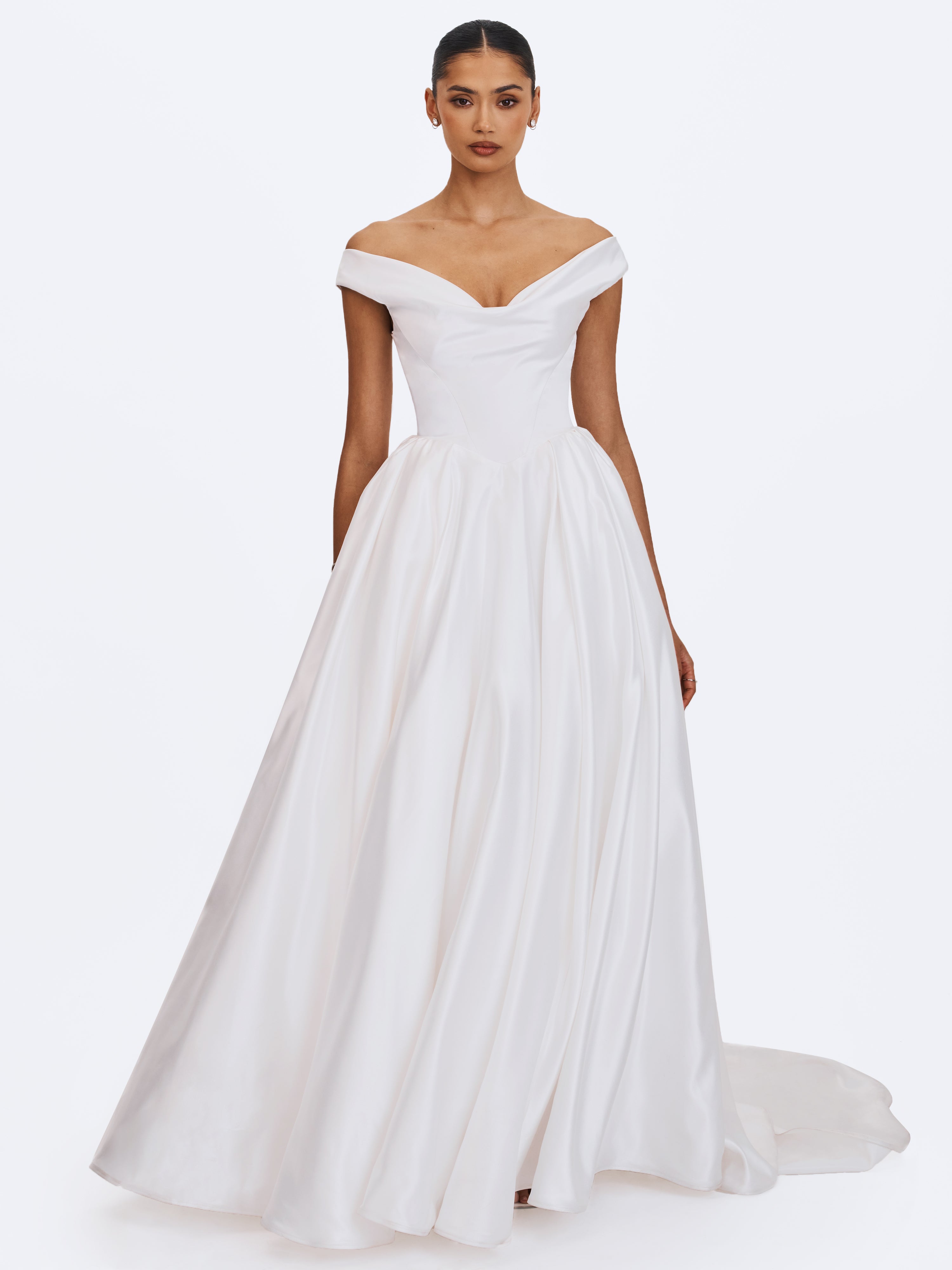 Unna White Satin Bardot Cowl Wedding Gown (PREORDER)