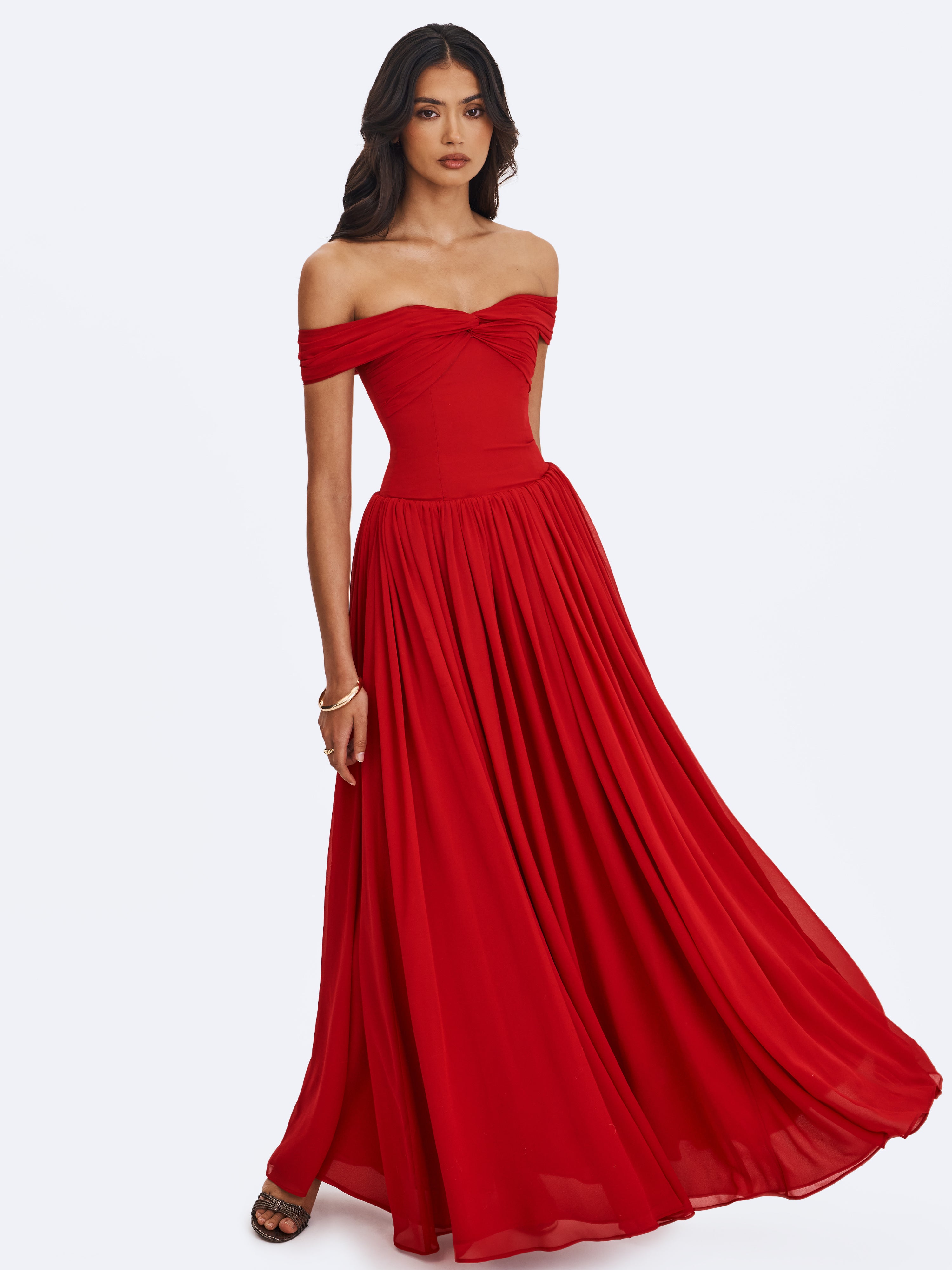 Tereza Crimson Georgette Bardot High-Slit Maxi Dress