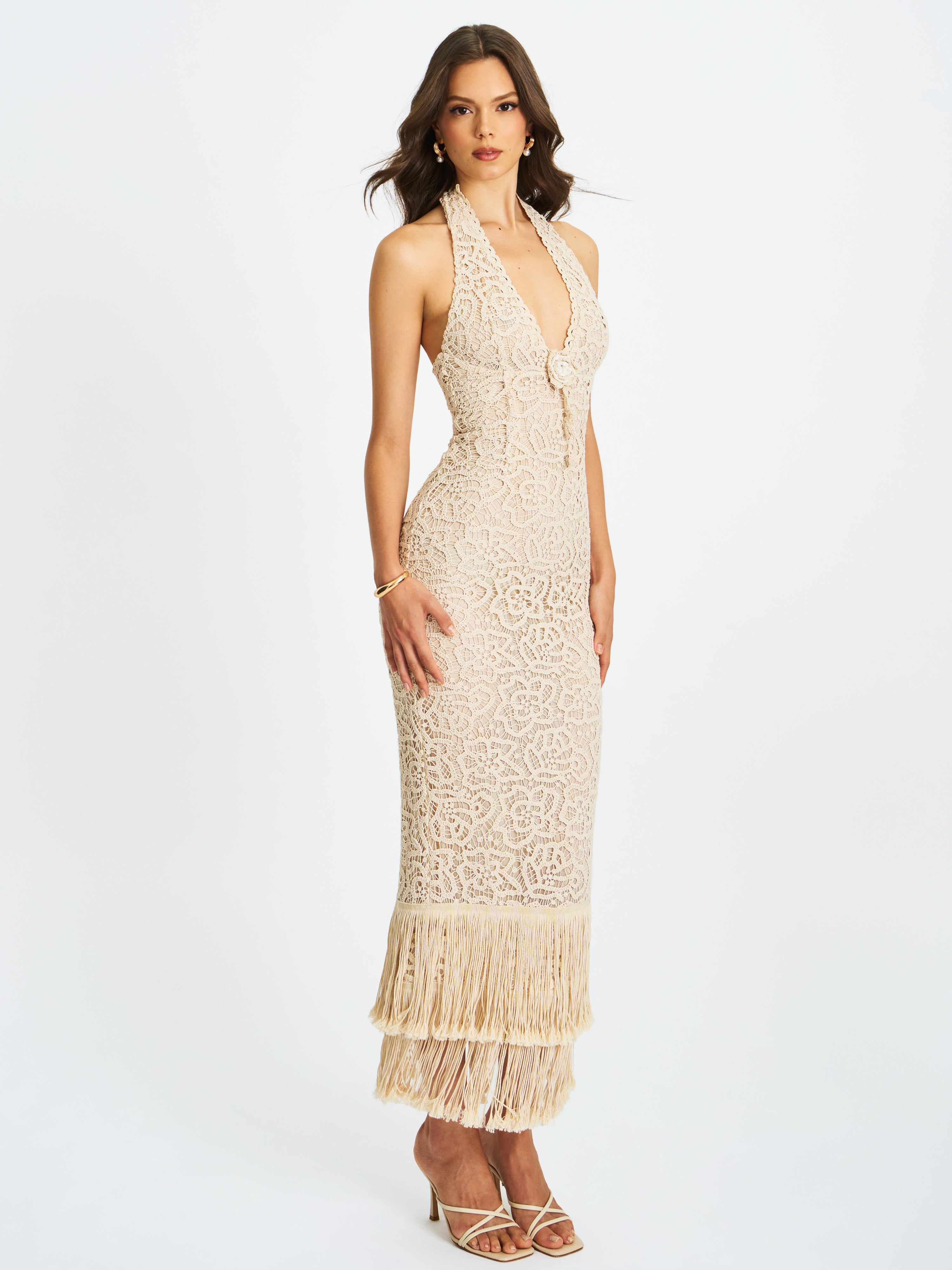 Faelyn Off-White Double Fringe Crochet Halter Maxi Dress