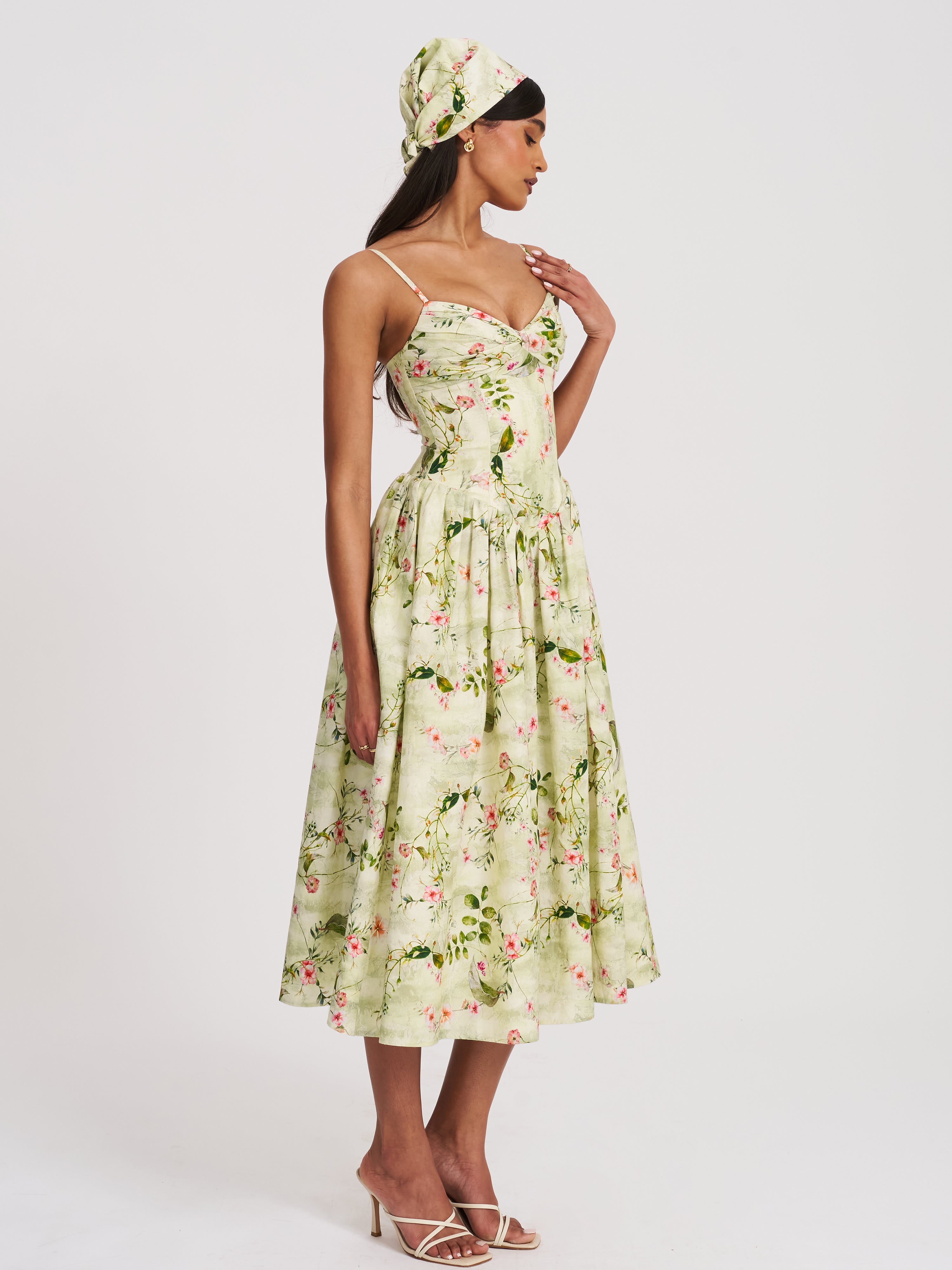Jacinda Green Floral Print Ruched Breast Linen Midi Dress