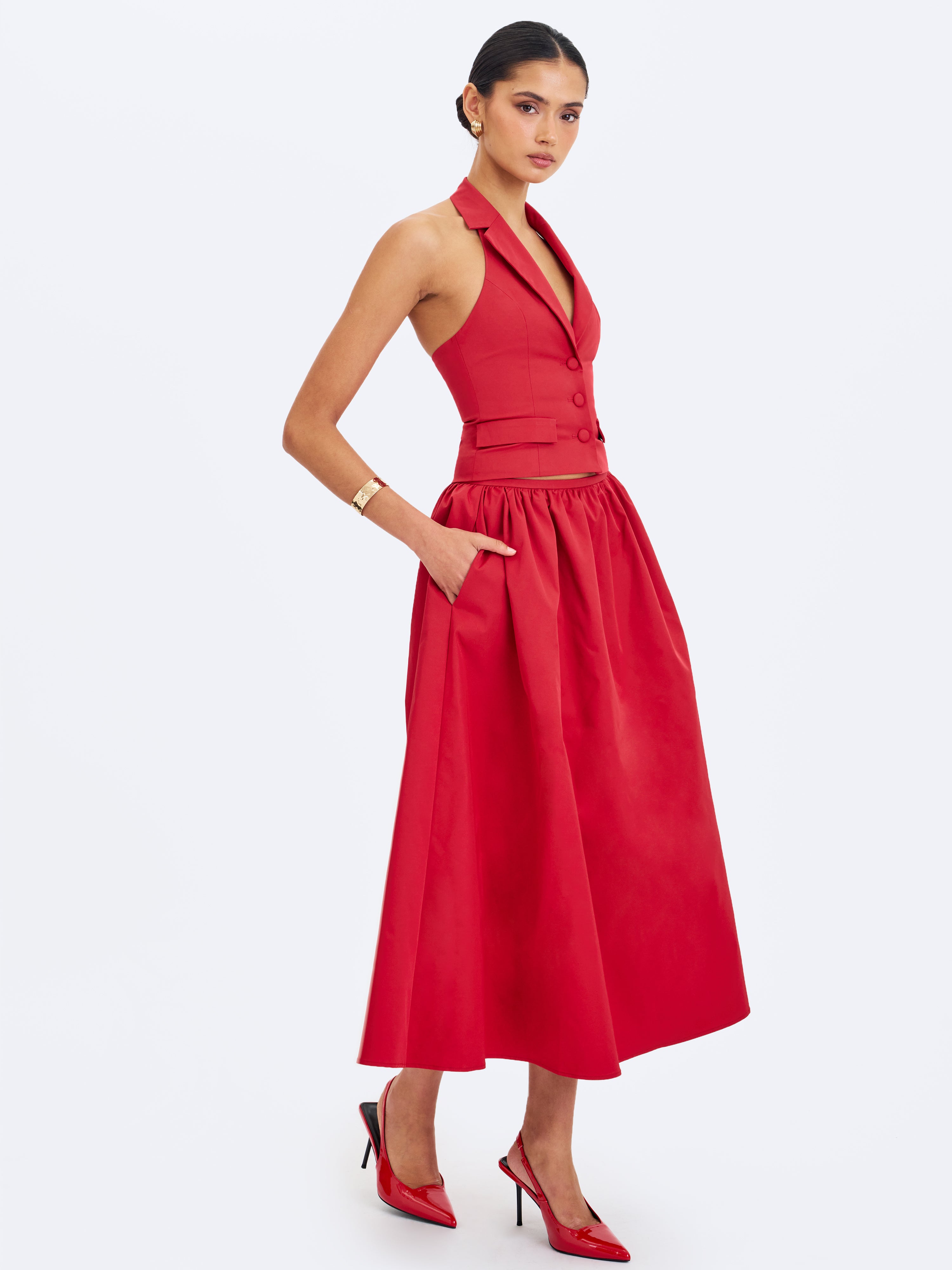 Ursella Crimson Halter Single-Breasted Lapel Top