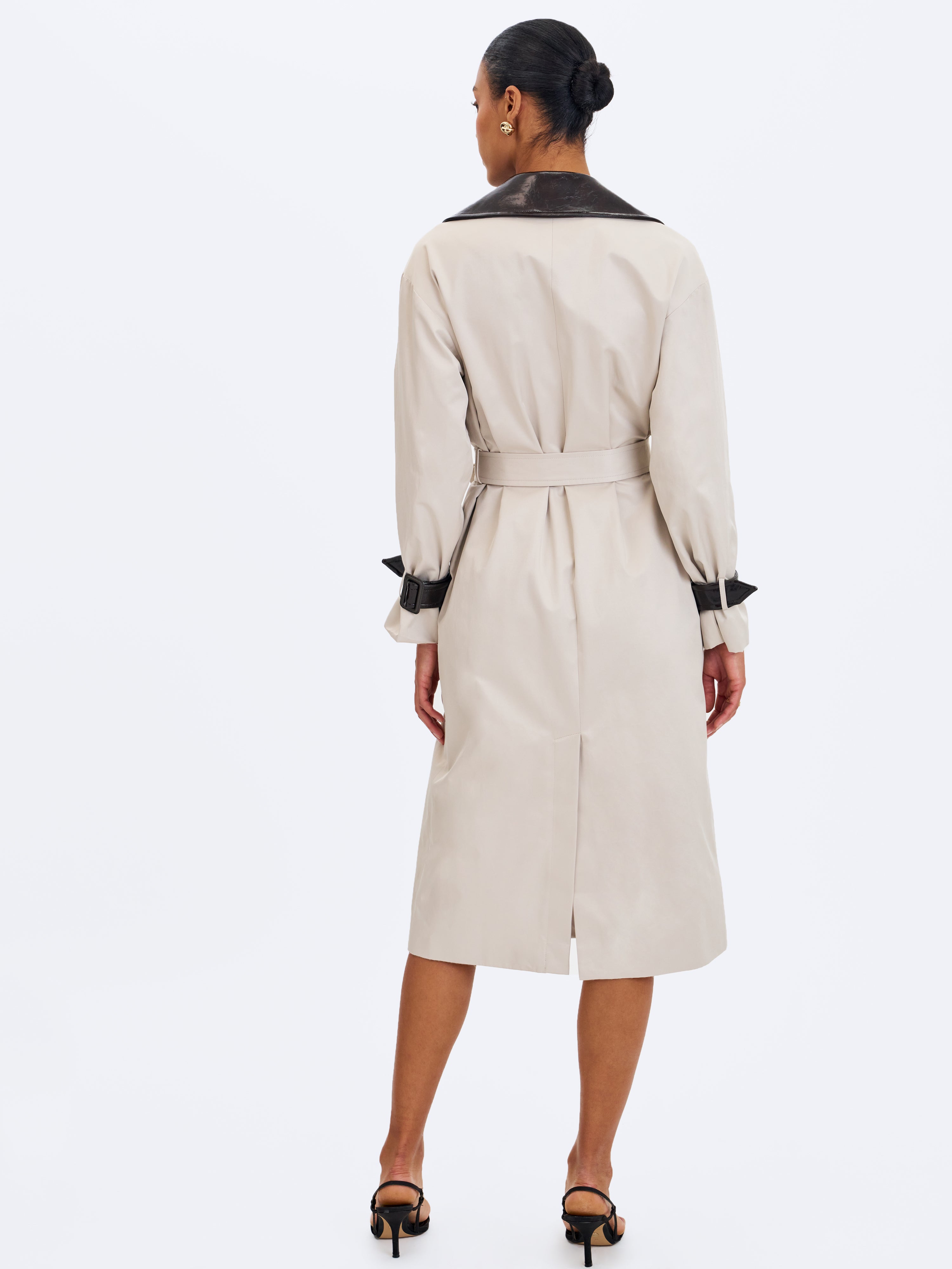 Umber Oyster Double-Breasted Faux Leather Lapel Trench Coat