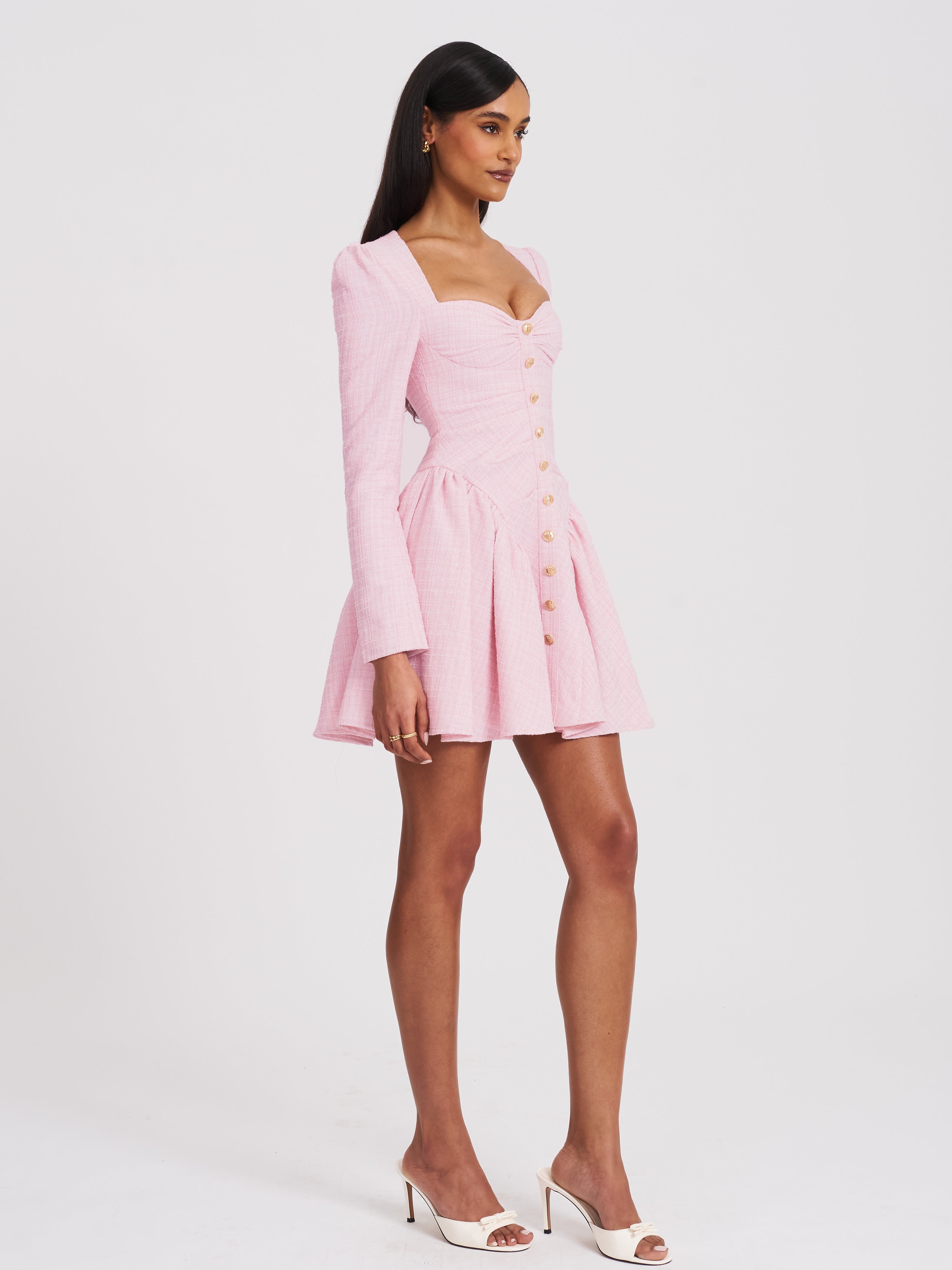 Tae Pink Tweed Long Sleeve Drop Waist Mini Dress (Archive Sale)