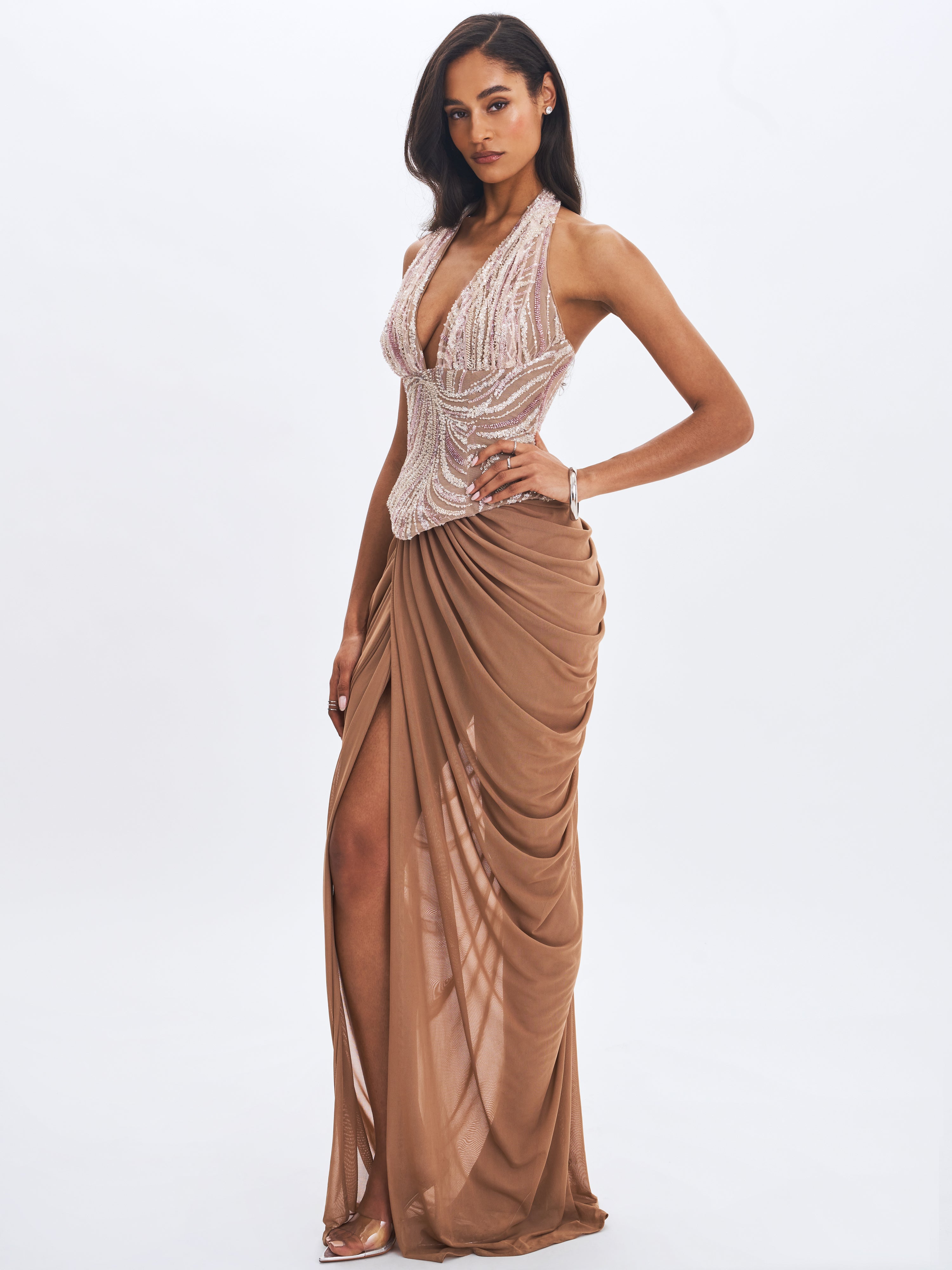 Nancie Apricot Beaded Halter Peplum Ruched Maxi Dress