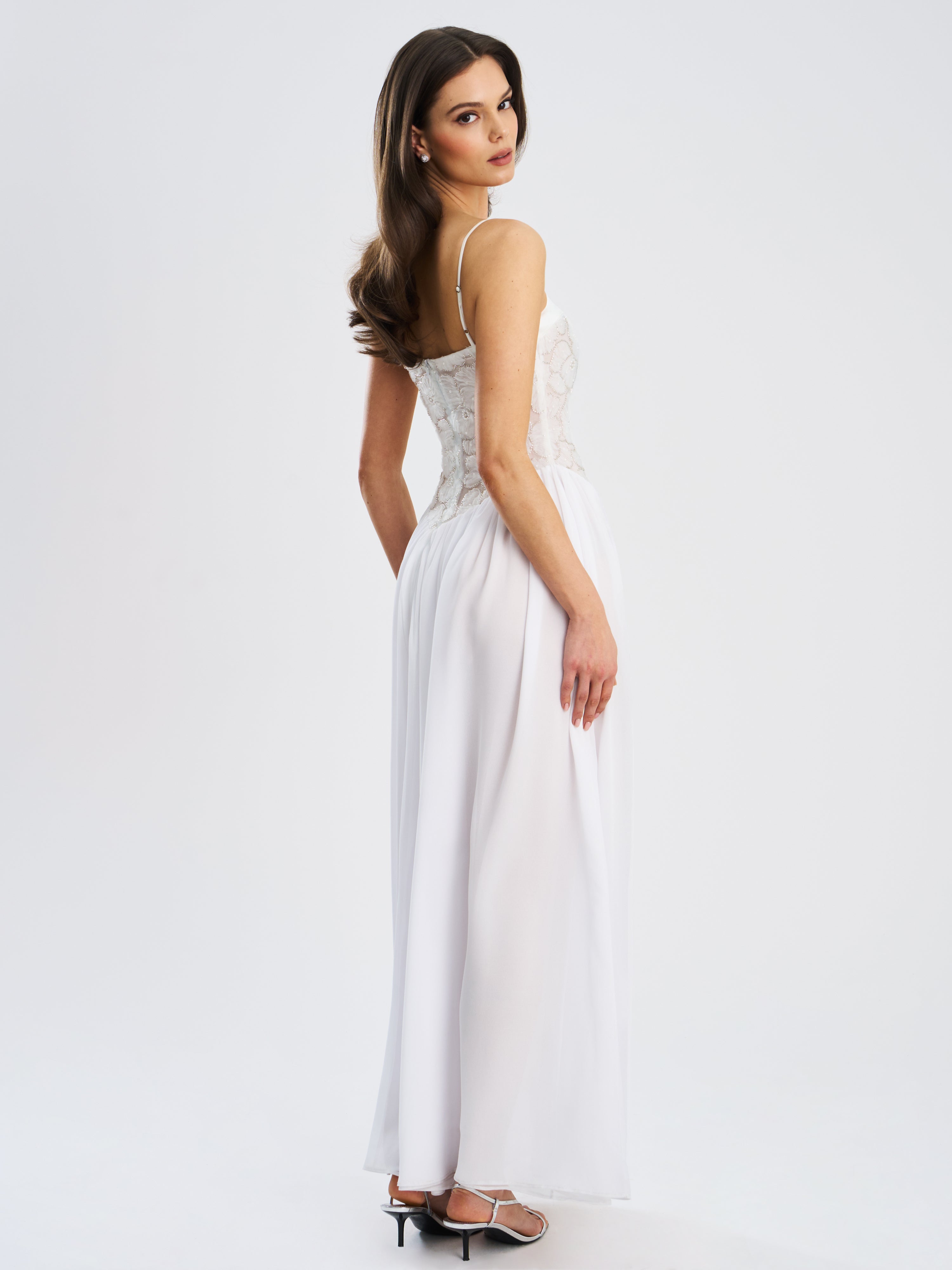 Ucille White Embroidered Chiffon Maxi Dress (Archive Sale)