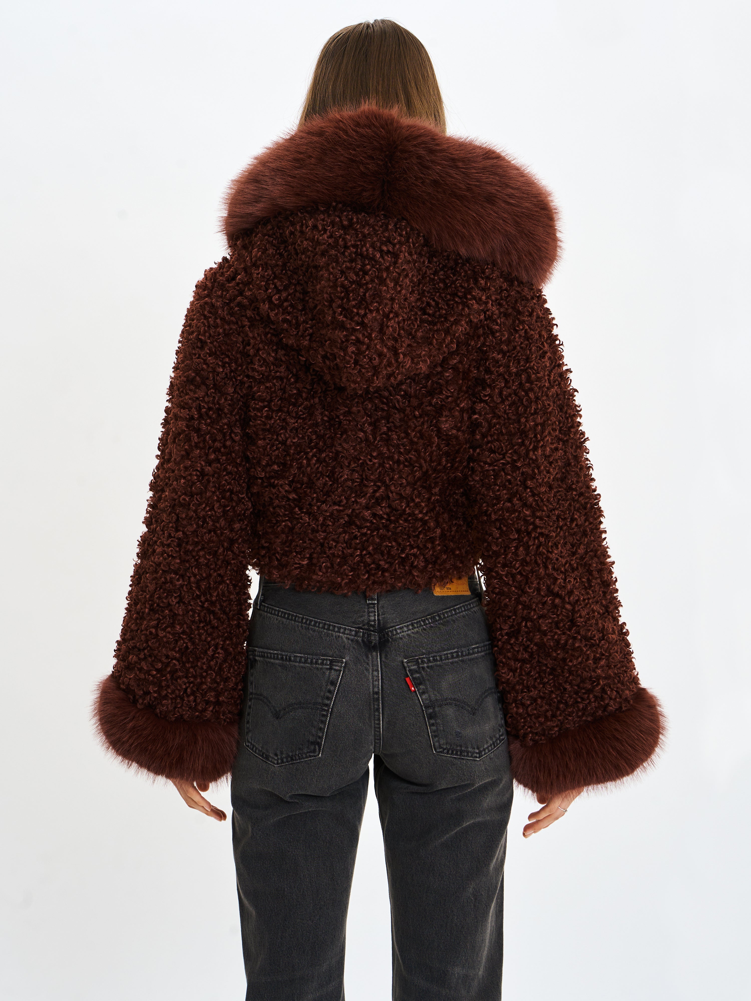 Kali Mahogany Cropped Vegan Shearling Fur Jacket