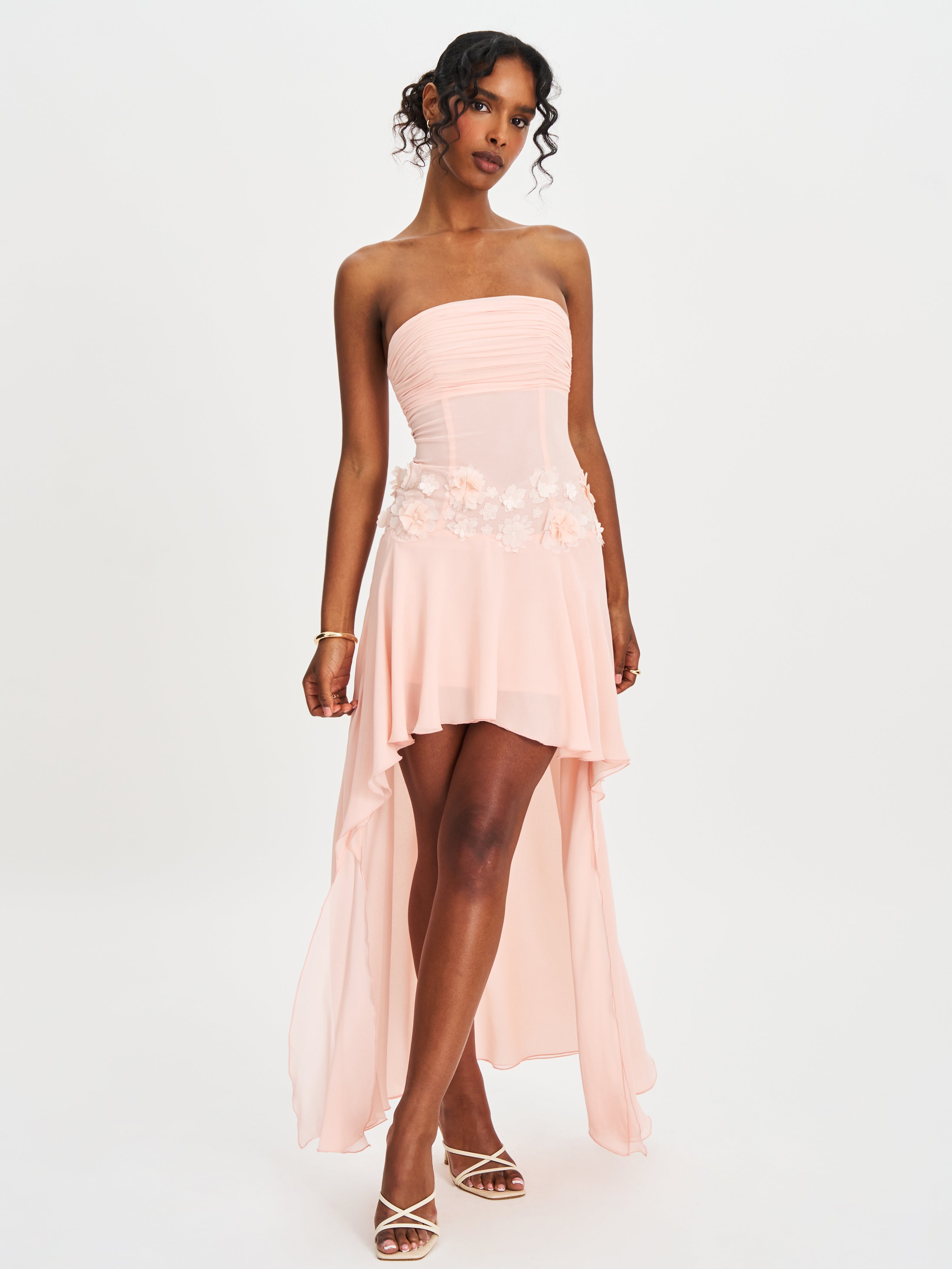 Mae Pink Ruched Breast Appliqué Trim Trailing Dress