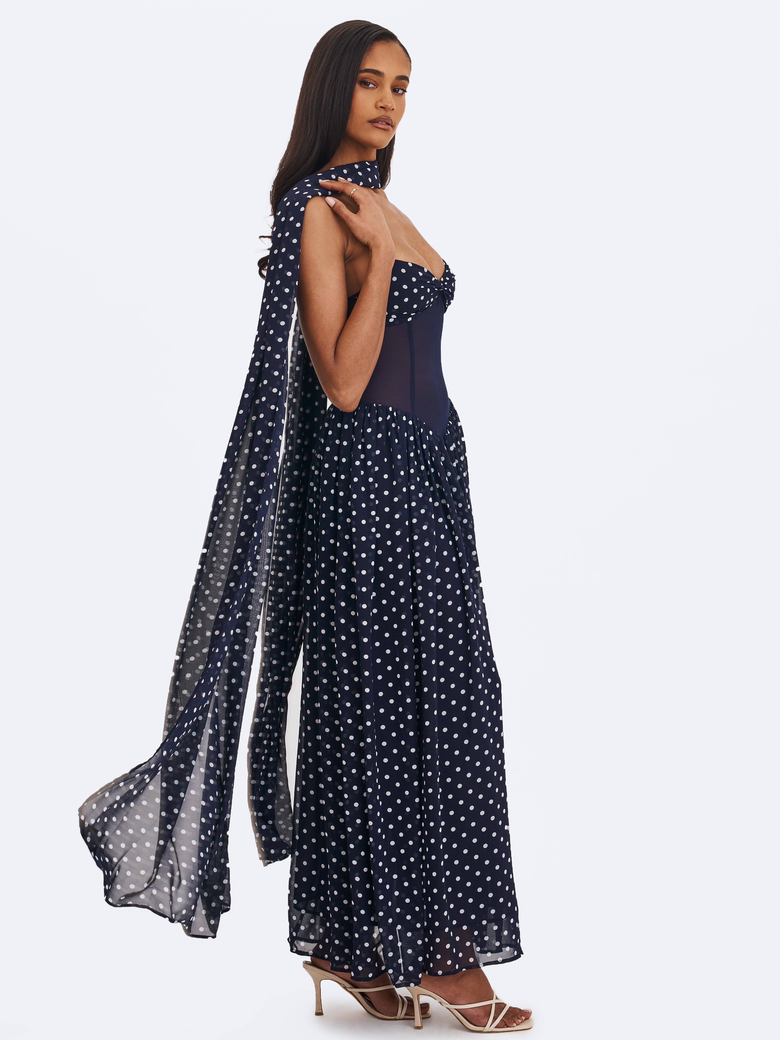 Juliette Navy Blue Polka Dot Chiffon Maxi Dress