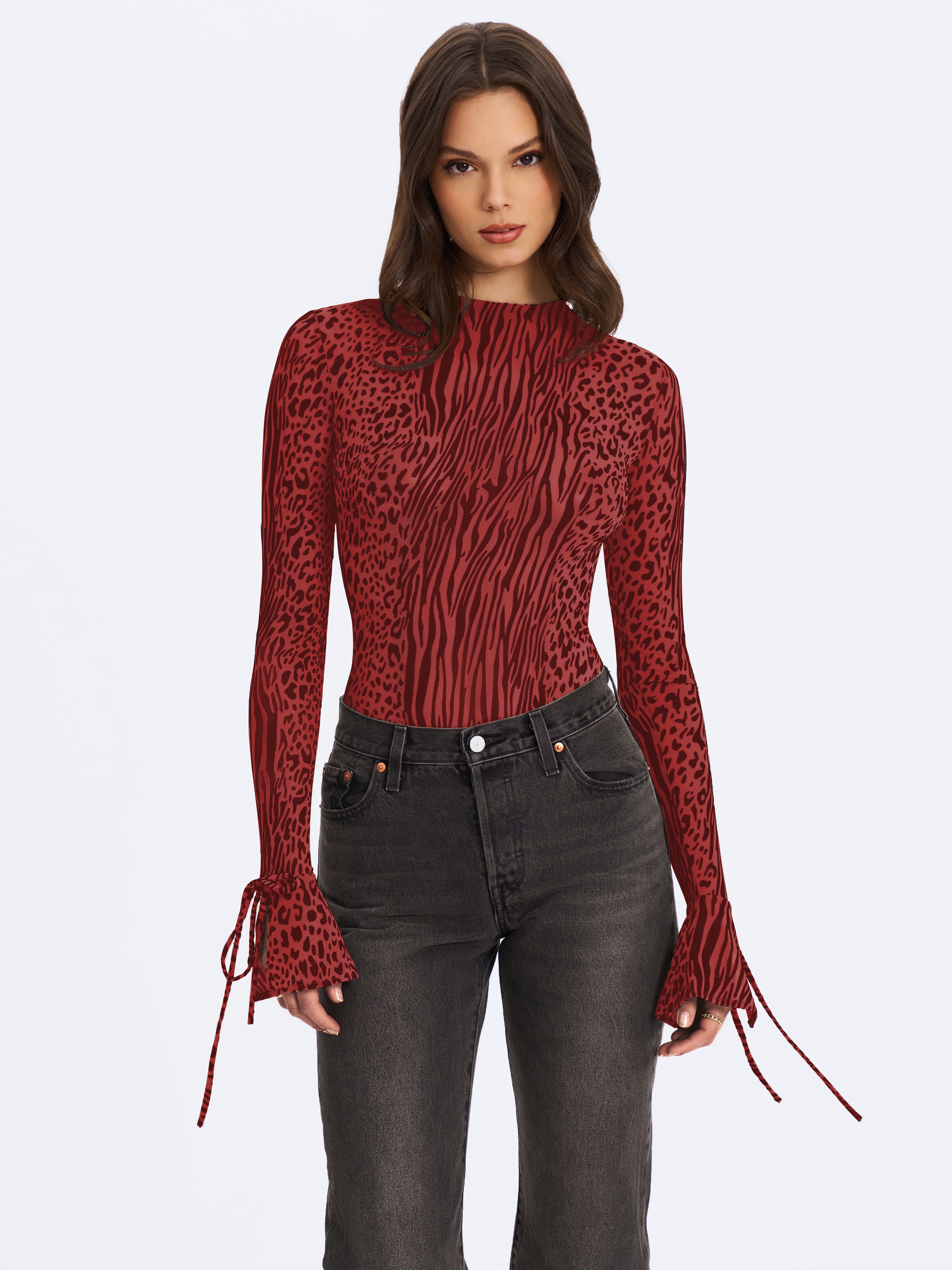 Ibera Burgundy Animal Print Burnout Velvet Long Sleeve Bodysuit
