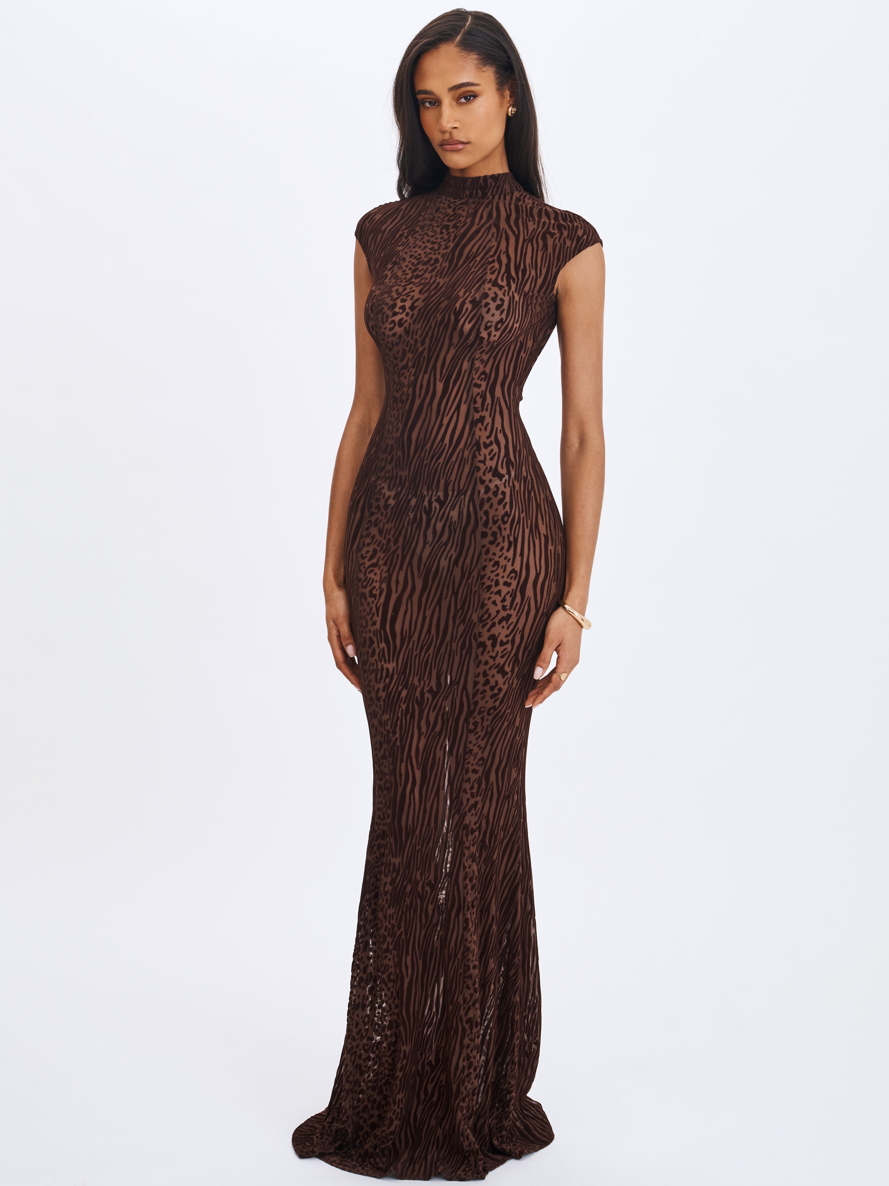 Tyanna Mocha Burnout Velvet Mesh Backless Mermaid Maxi Dress