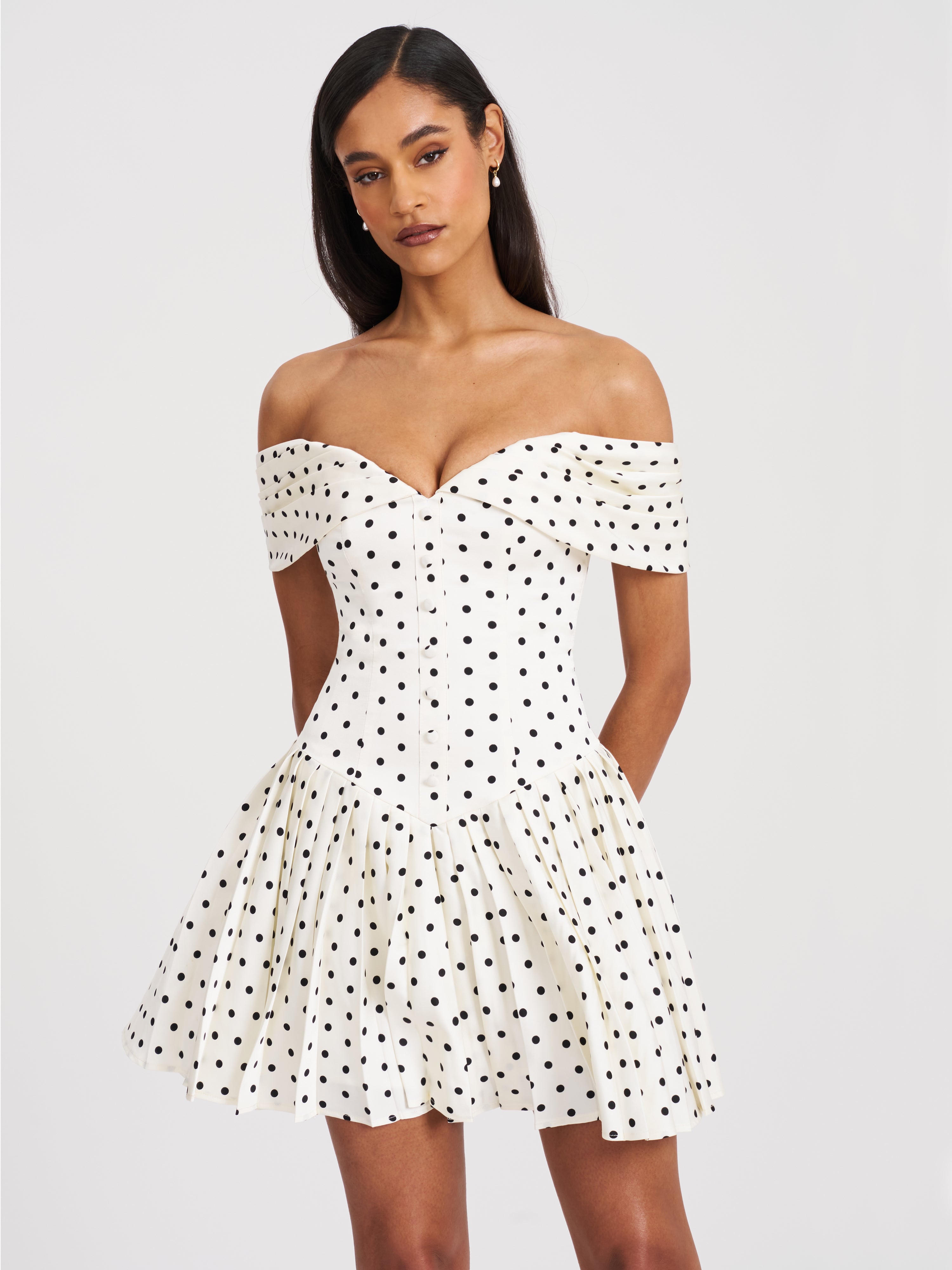 Edeline Polka Dot Off-shoulder Pleated Mini Dress