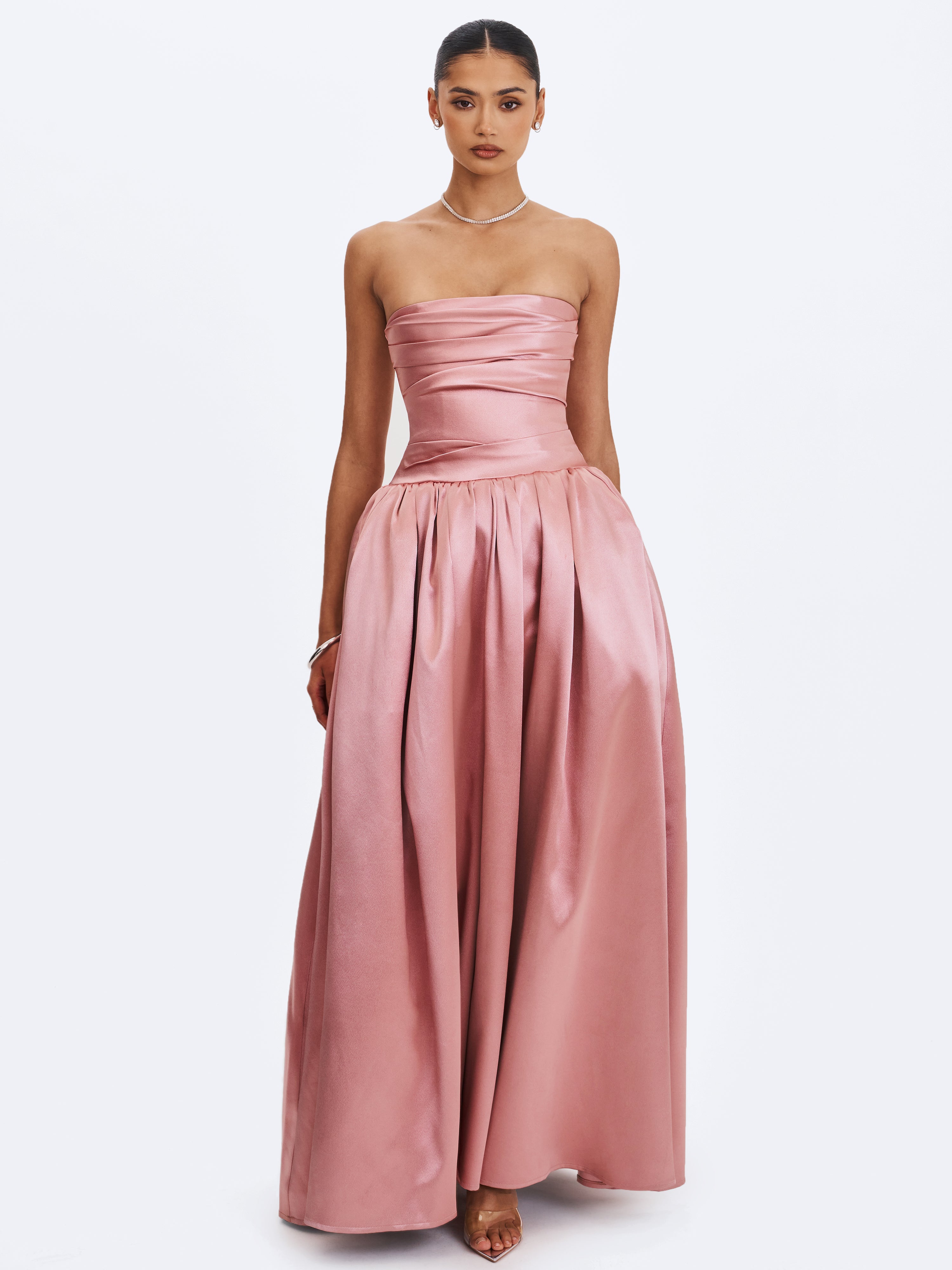 Willette Deep Rose Satin Strapless Gathered Maxi Dress