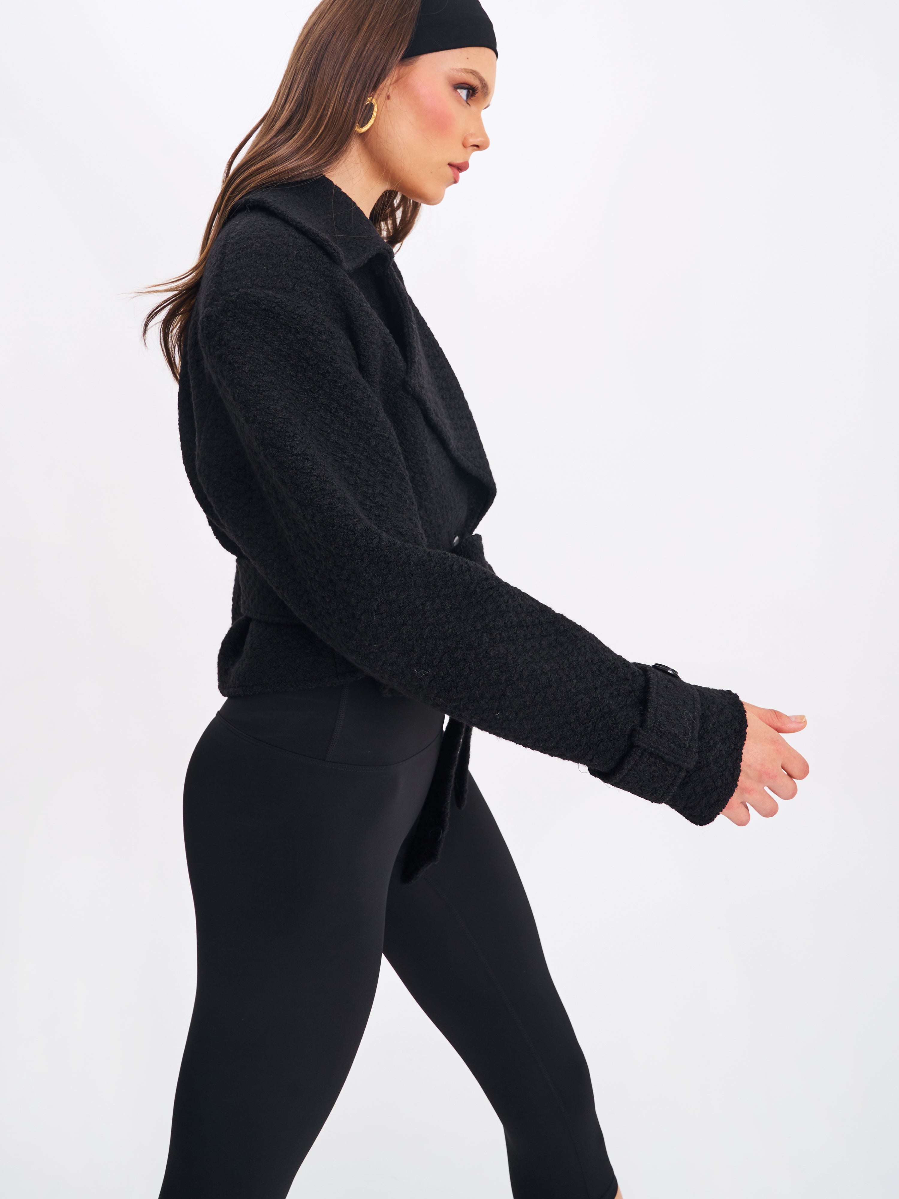 Dara Black Wool Blend Cropped Double-Breasted Belted Coat