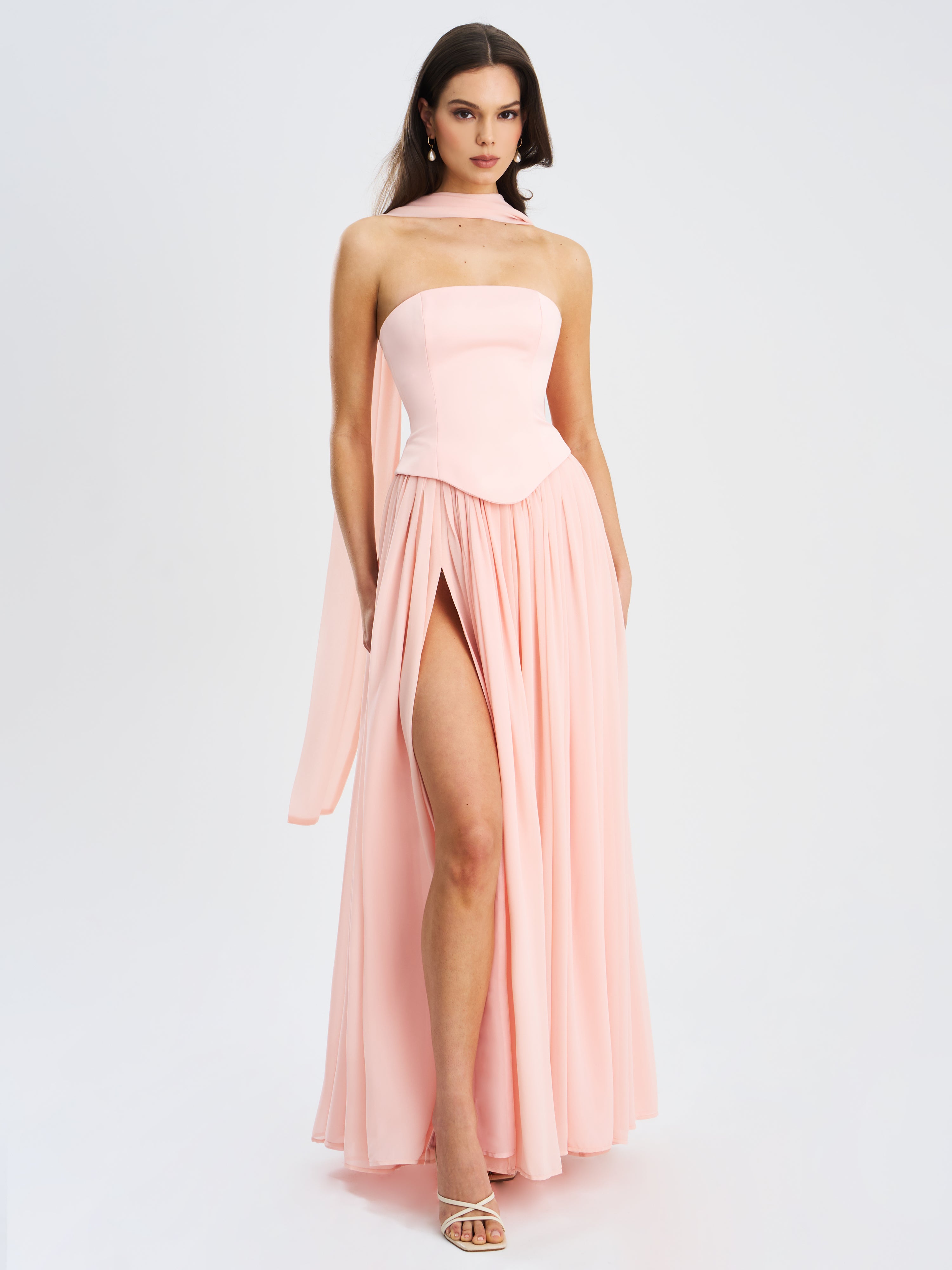 Qianna Baby Pink Peplum Top Drop Waist Chiffon Gown