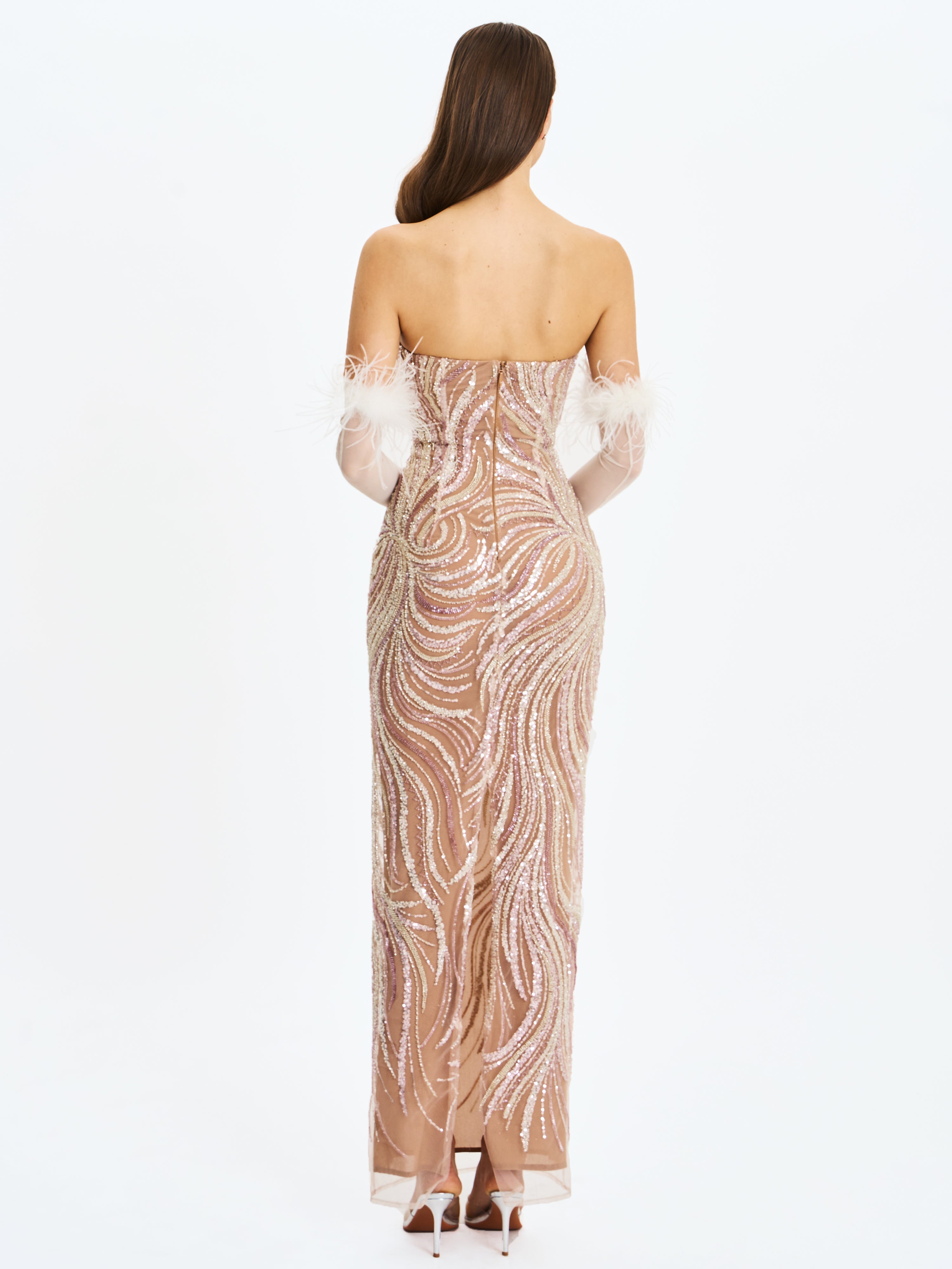 Quinci Apricot Beaded Sequin Sweetheart Maxi Dress