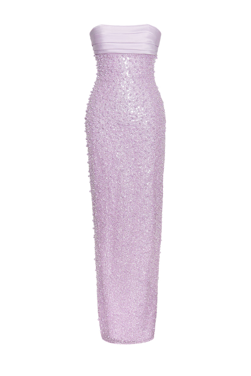 Lainey Purple Satin Sequin Pearls Beaded Maxi Dress