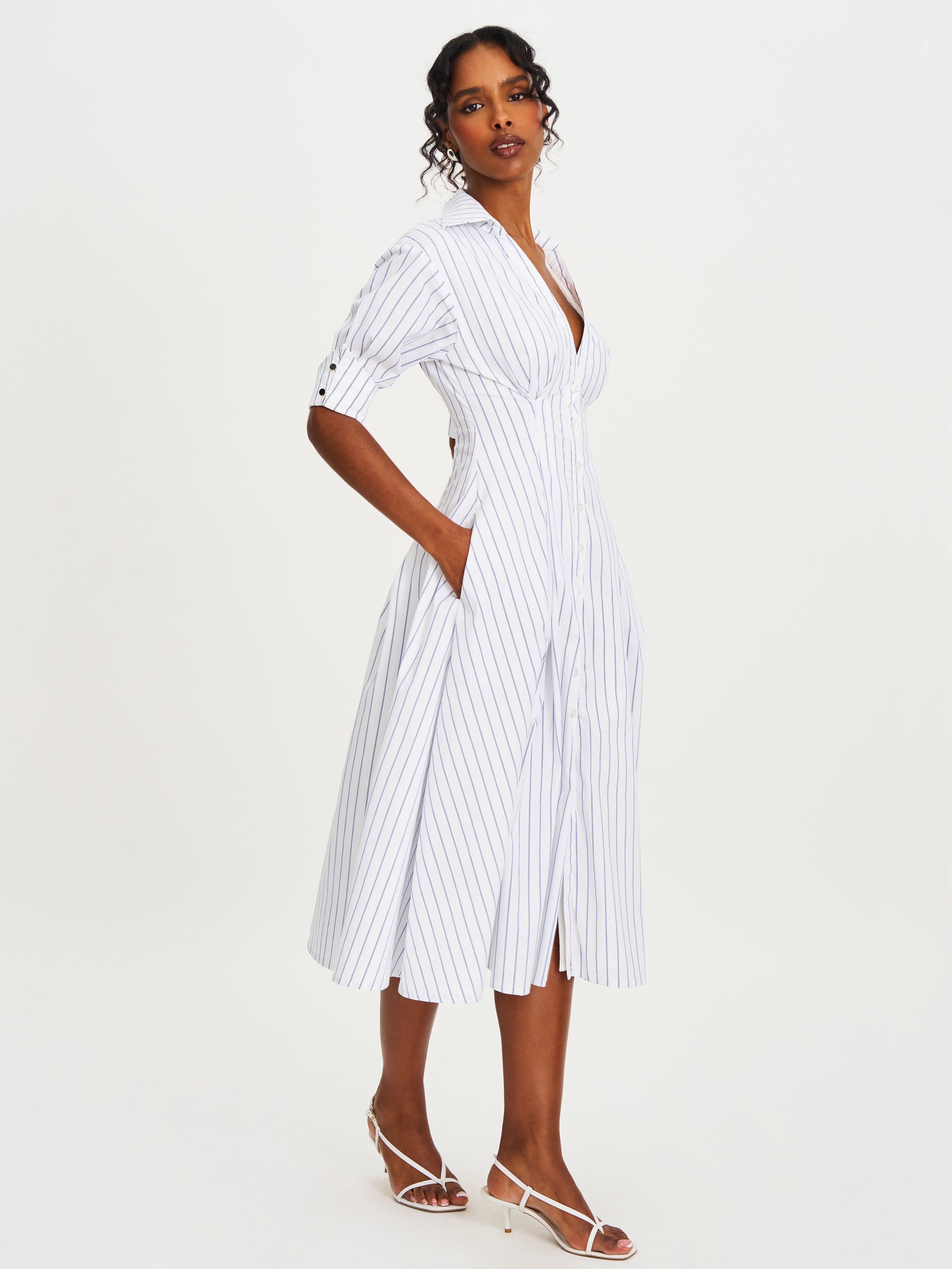 Palina Pinstripes Cotton Poplin Pleated Midi Preppy Shirt Dress
