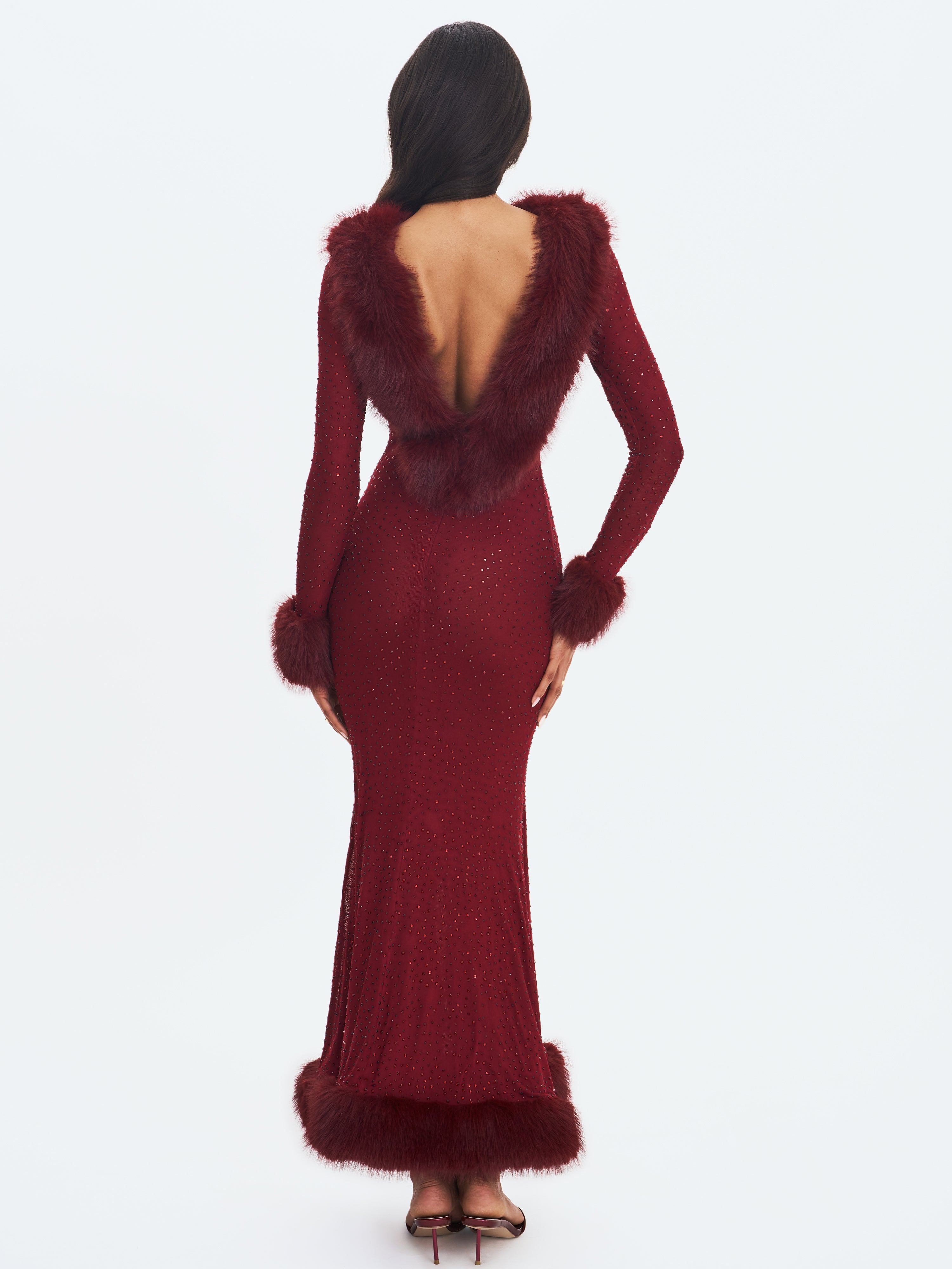 Melrose Burgundy Petite-Length Rhinestone Mesh Low Back Mermaid Dress