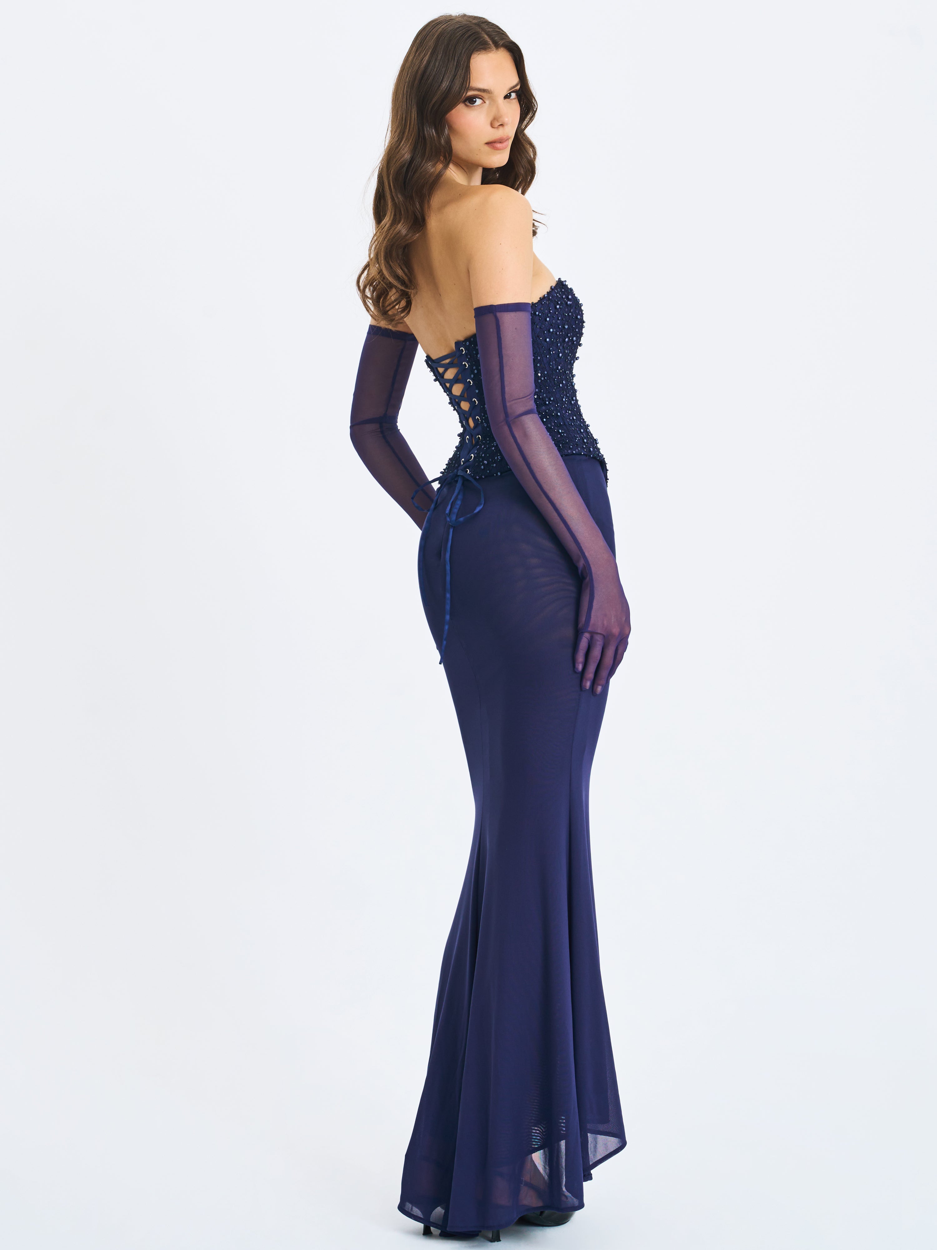 Orabelle Navy Beaded Peplum Mermaid Gown with Lace-up Back