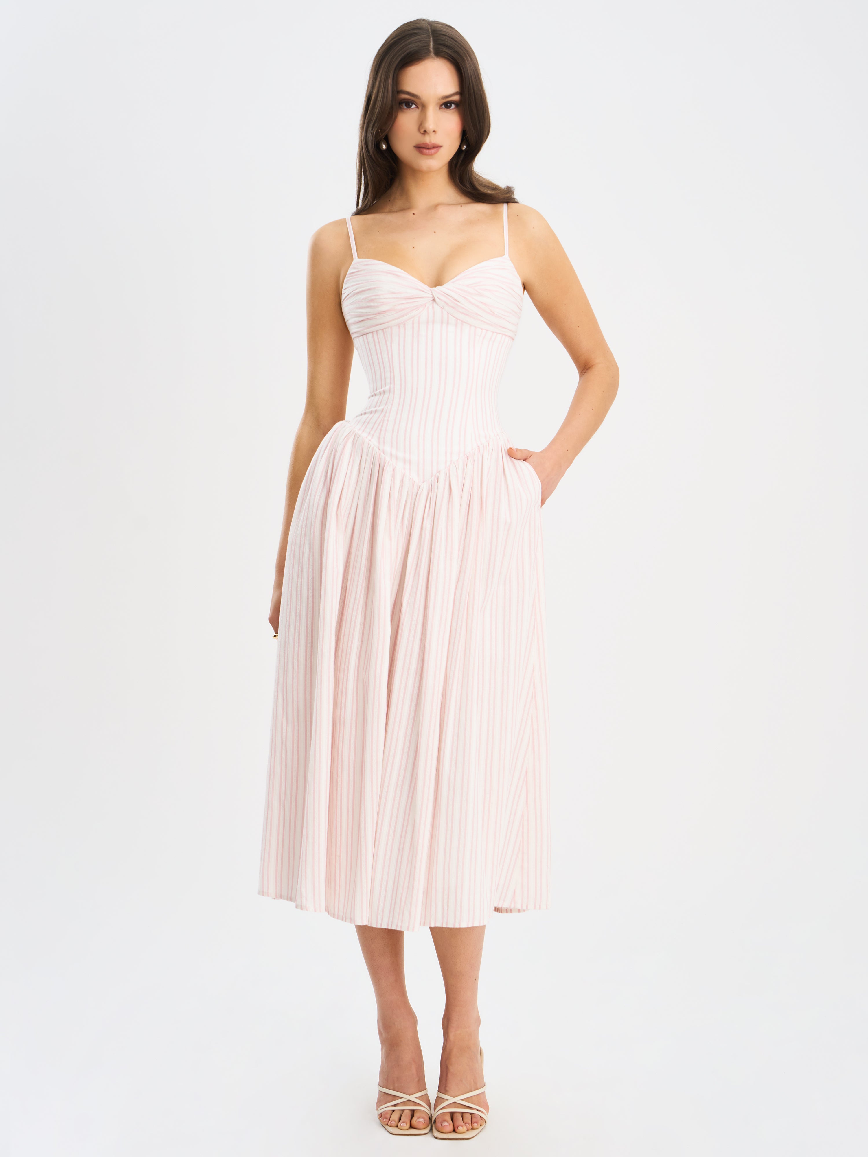 Zania Pink Stripe Ruched Breast Cotton Jacquard Midi Dress
