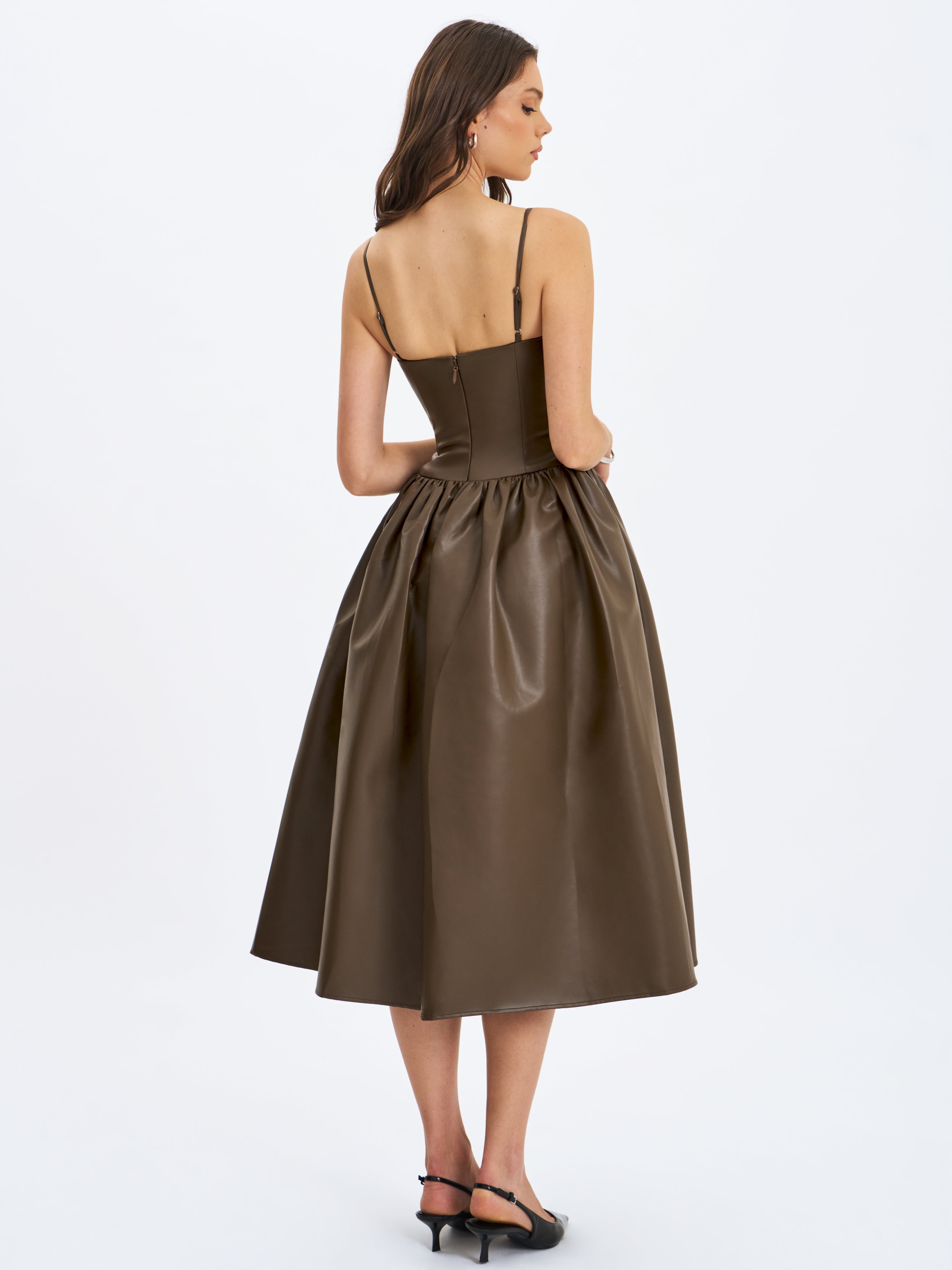 Parisia Cocoa Vegan Leather Drop Waist Maxi Dress