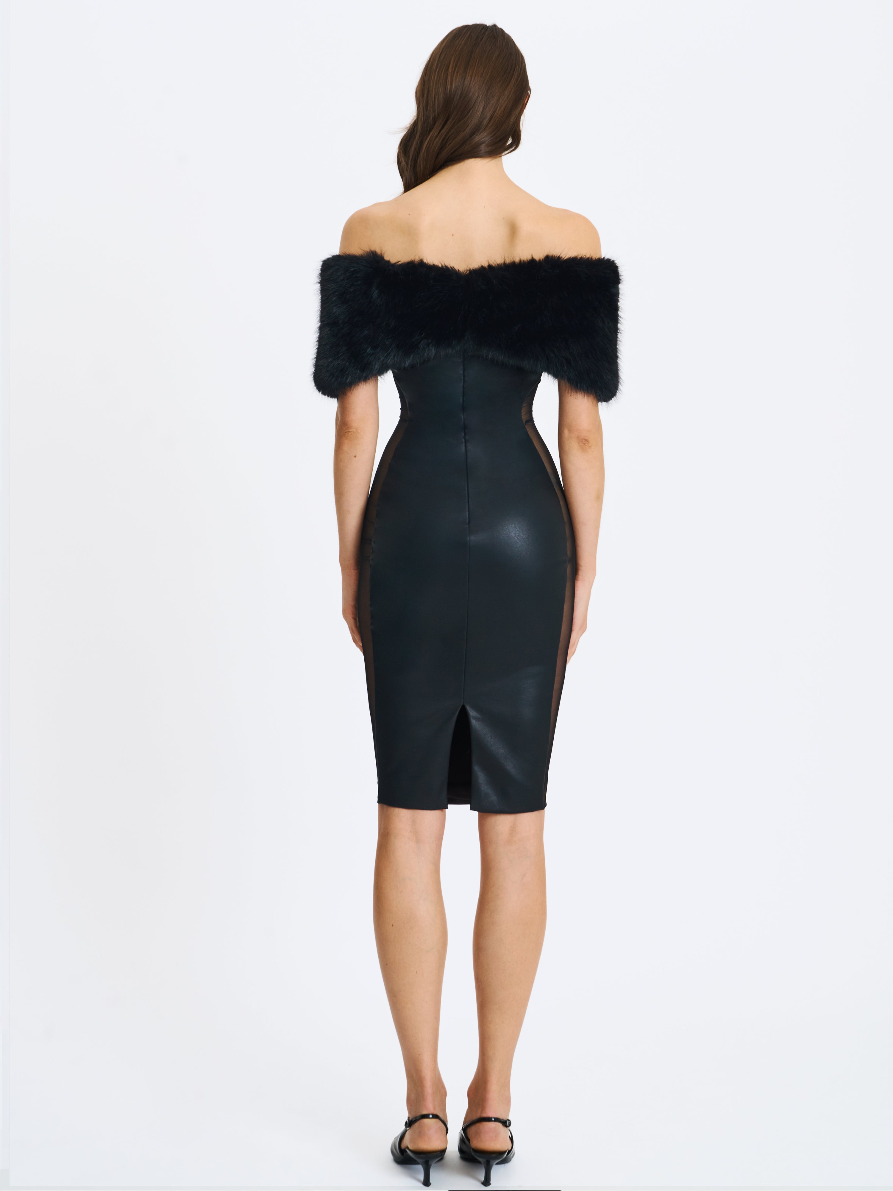 Bellis Black Fur Trim Mesh Panel Off-Shoulder Midi Dress