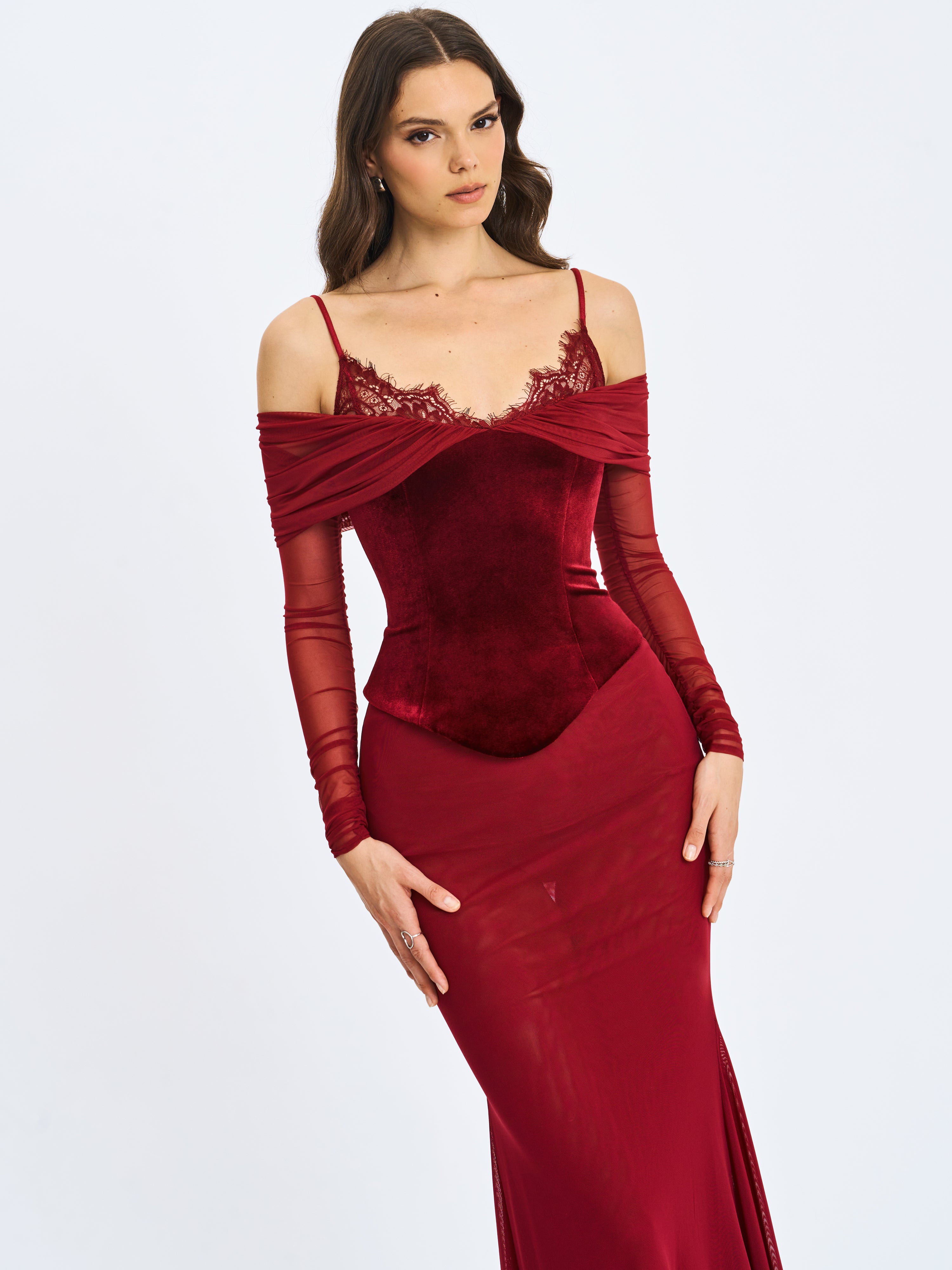 Maybelle Magenta Bardot Lace Strap Peplum Maxi Dress