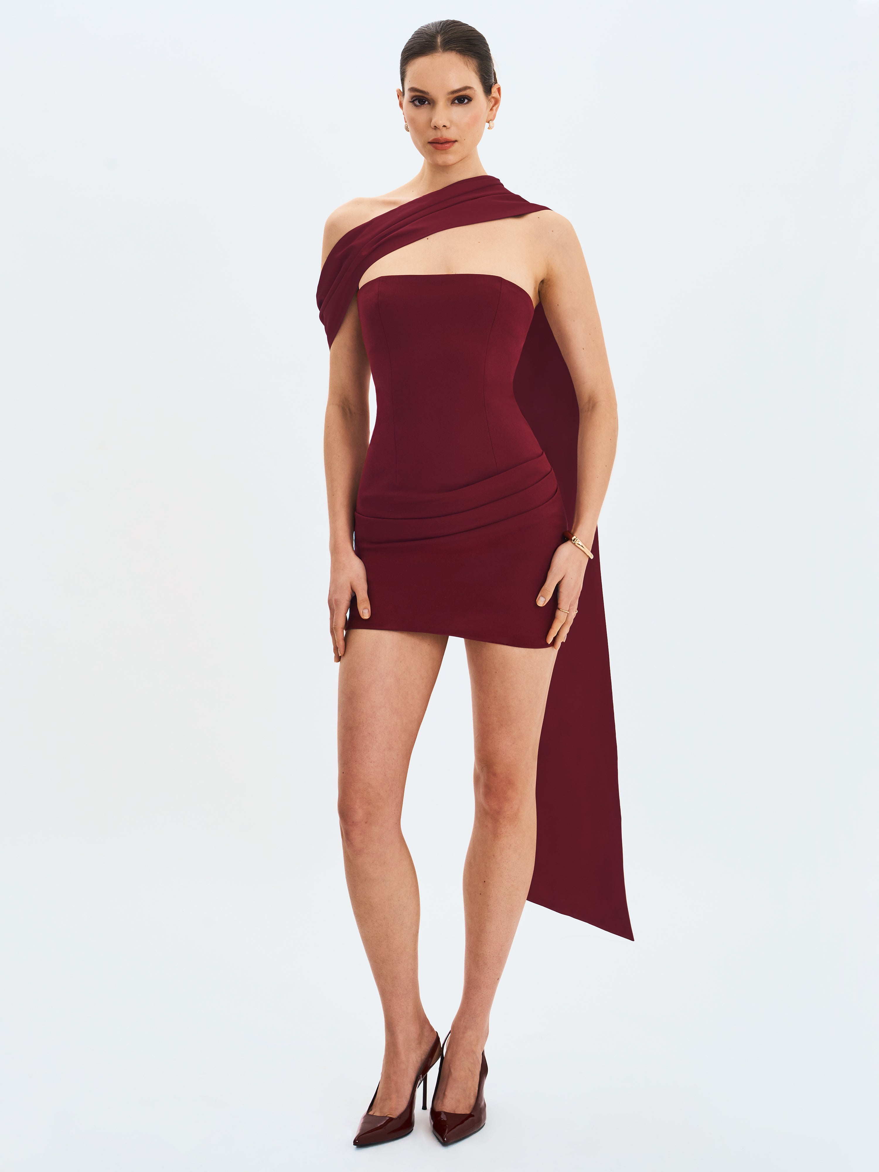 Ovelia Crimson Satin Ribbon Strapless Mini Dress
