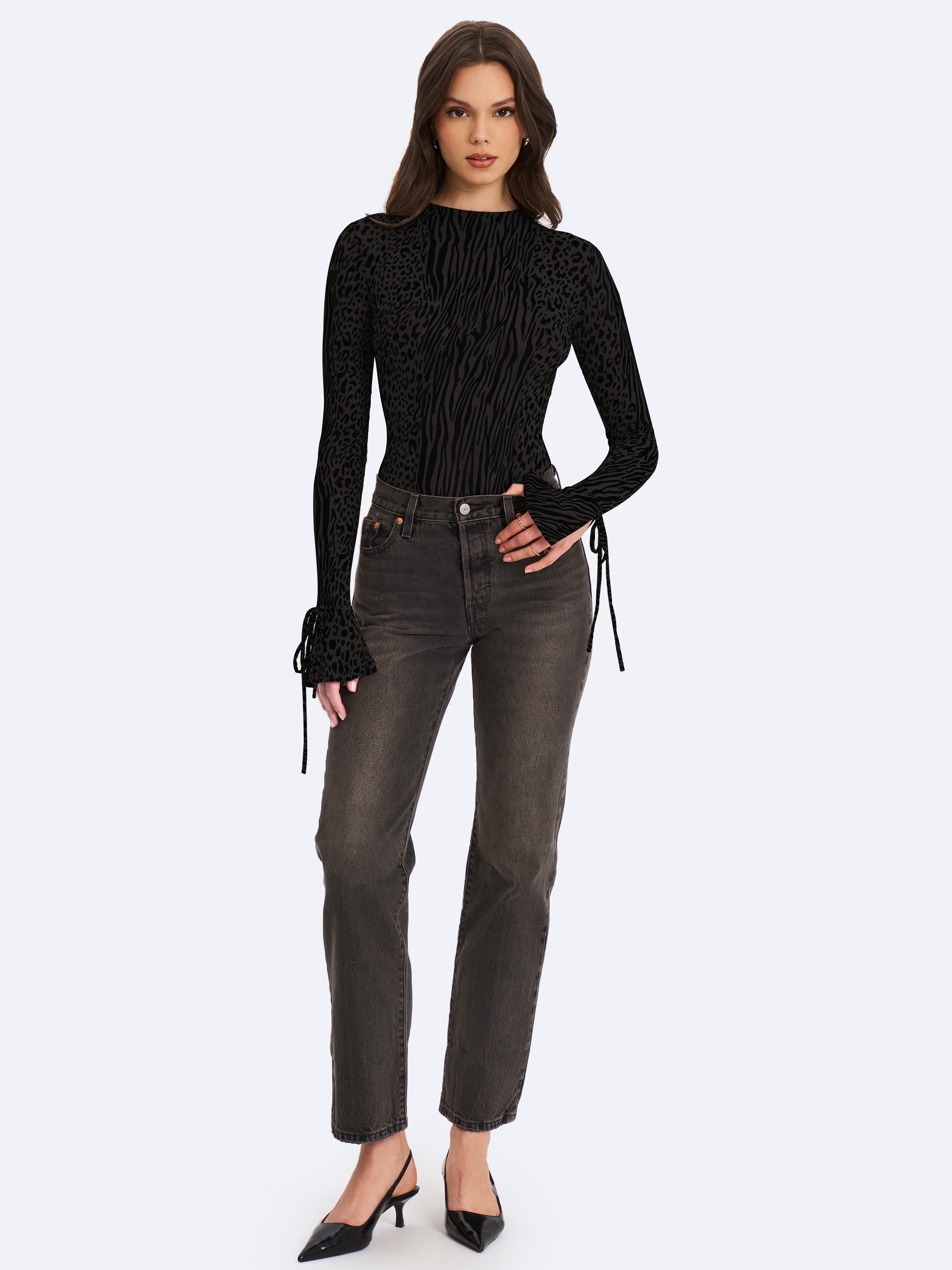 Ibera Black Animal Print Burnout Velvet Long Sleeve Bodysuit