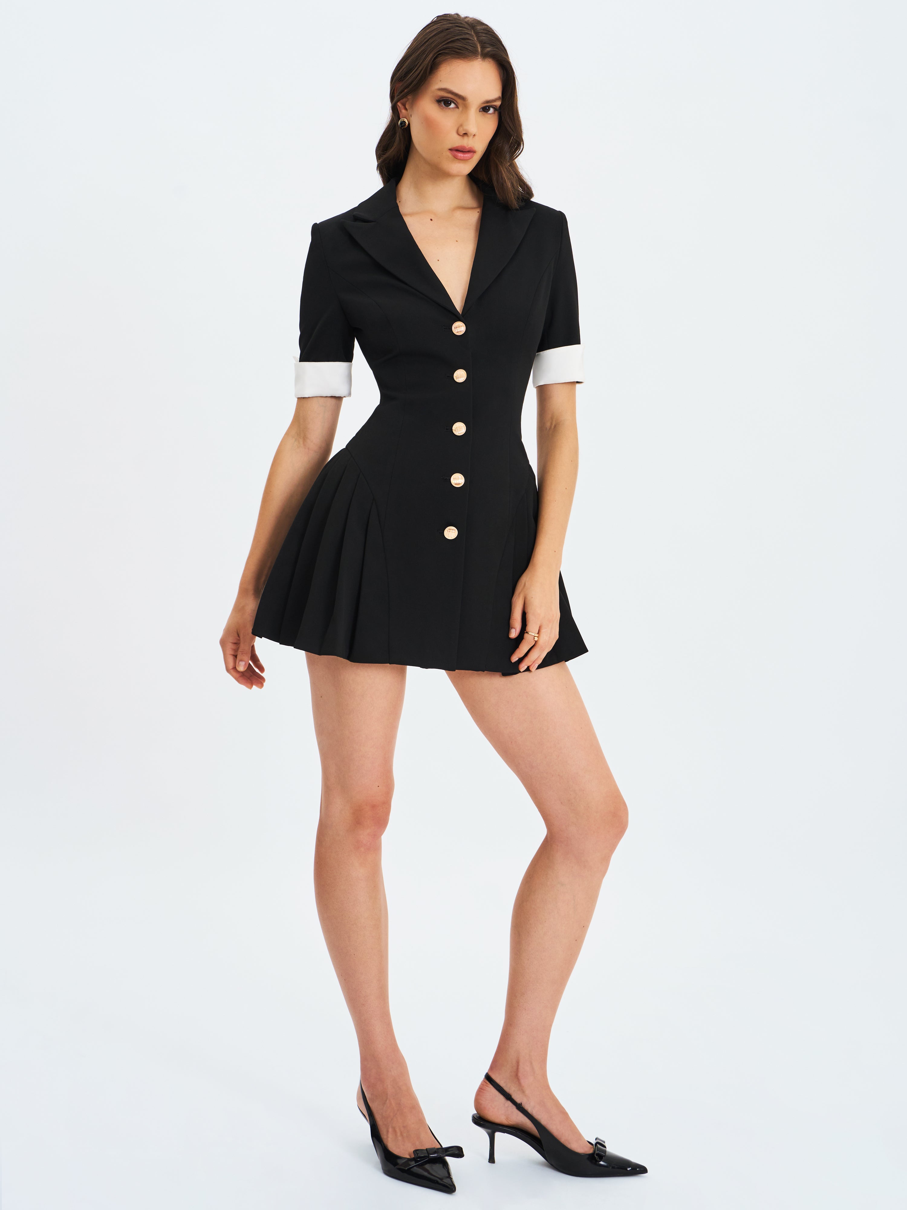 Ilitha Black Woven Crepe Pleated Mini Blazer Dress