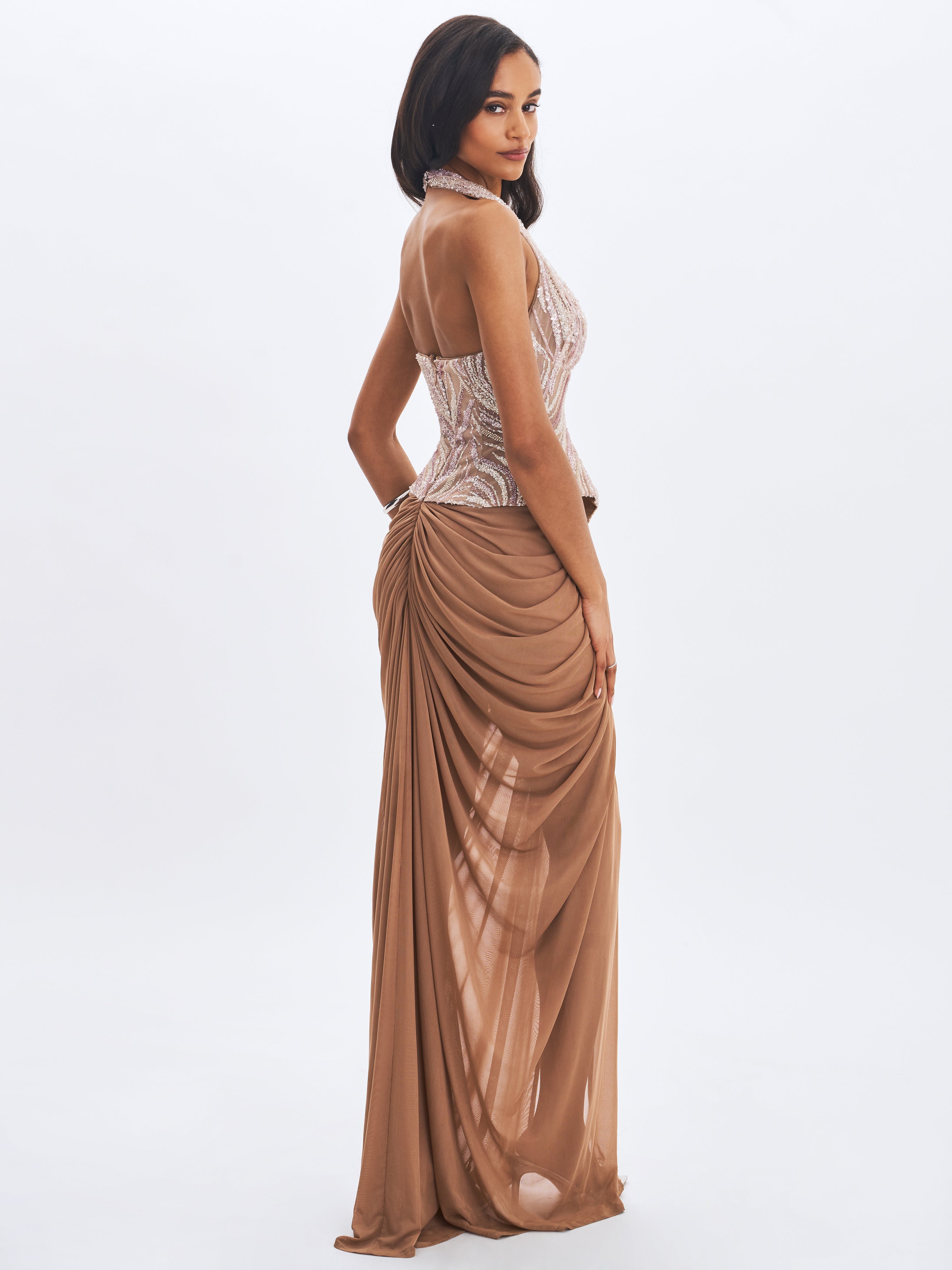 Nancie Apricot Beaded Halter Peplum Ruched Maxi Dress