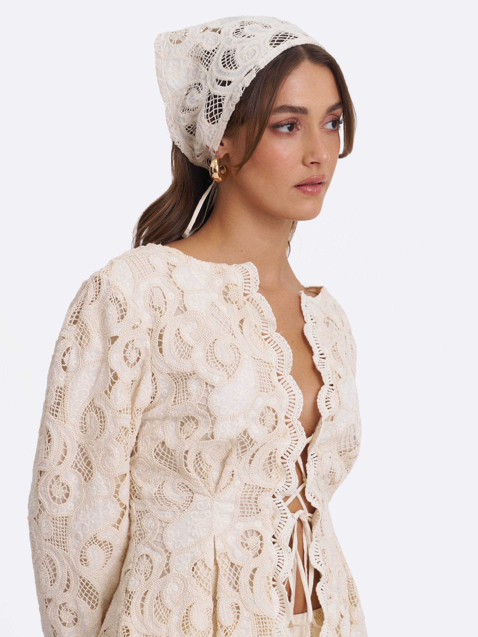 Janie Beige Cotton Lace Triangle Head Scarf